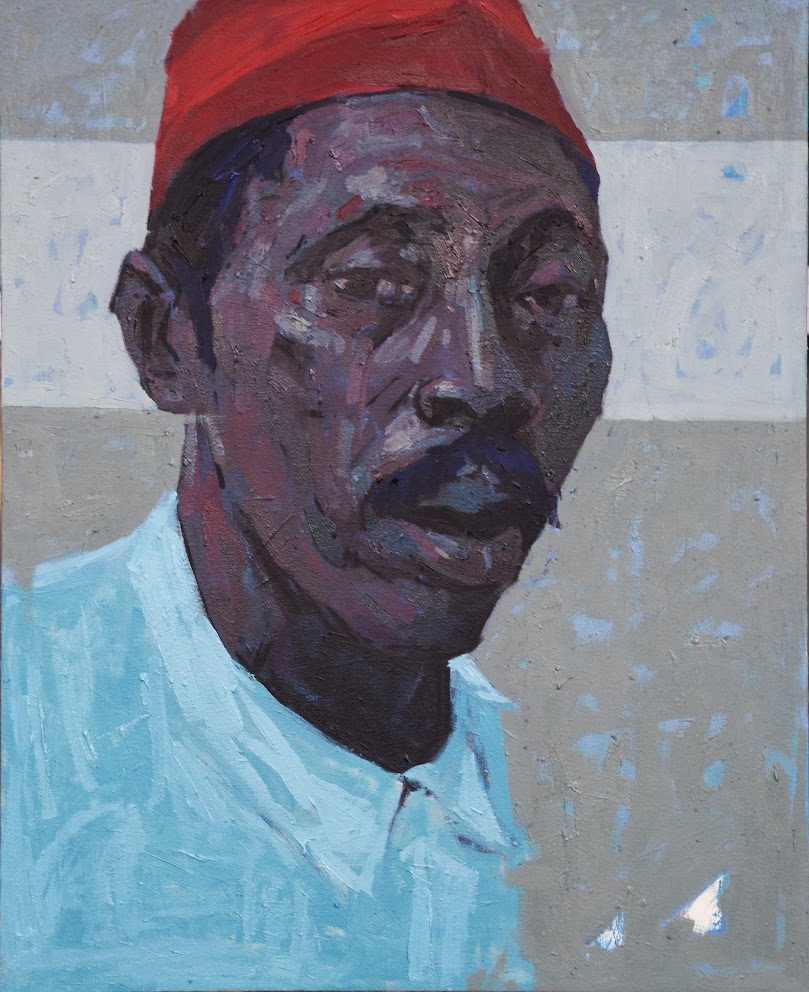 A bold, expressive portrait of a figure wearing a red cap and light blue shirt against a striped background.