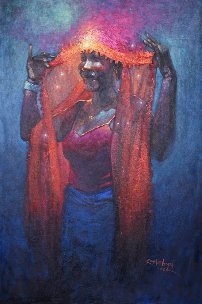 A figure in a red dress holds up a glowing, textured fabric against a deep blue background.