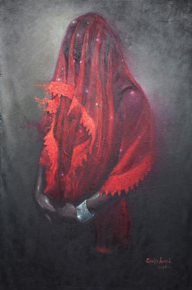 A mysterious figure in a red veil, hands clasped, against a dark textured background.