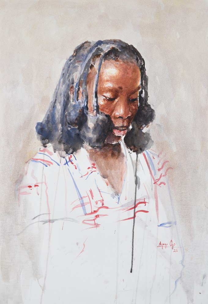 A watercolor portrait of a person with braided hair and a white shirt, looking downward in quiet contemplation.