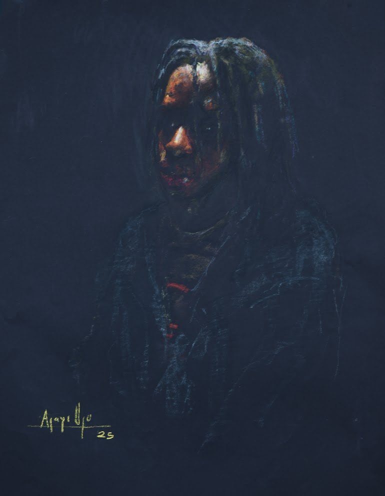 A somber portrait of a hooded figure in deep shadows.