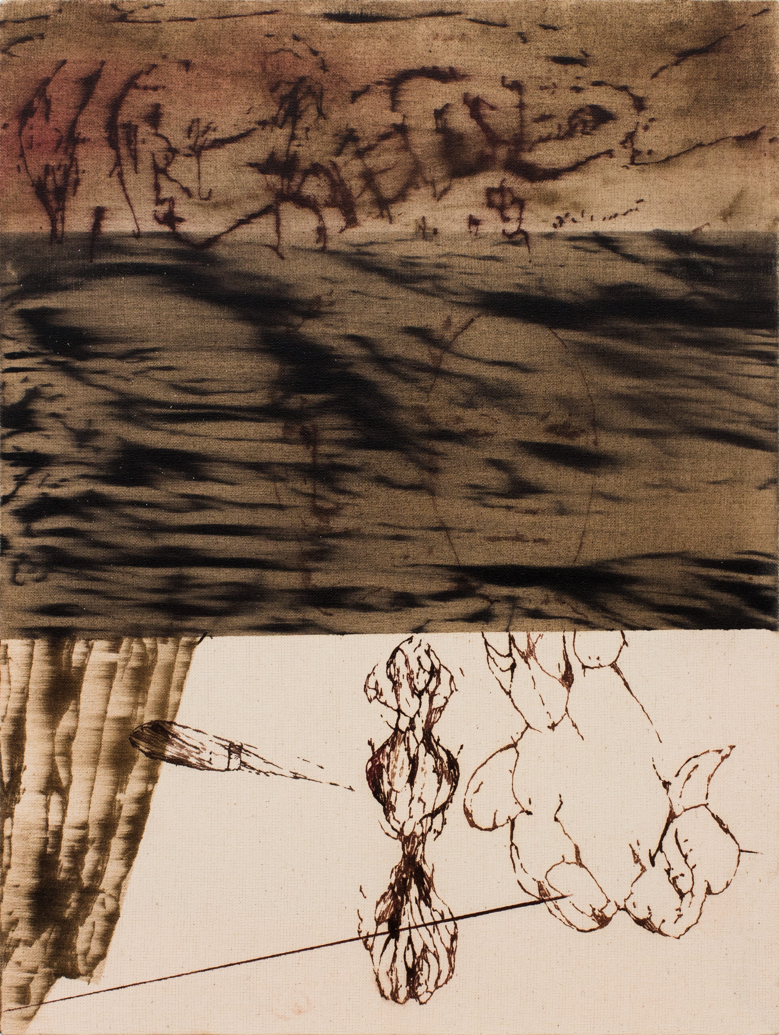 A drawing of a landscape with a tree in the middle of it.