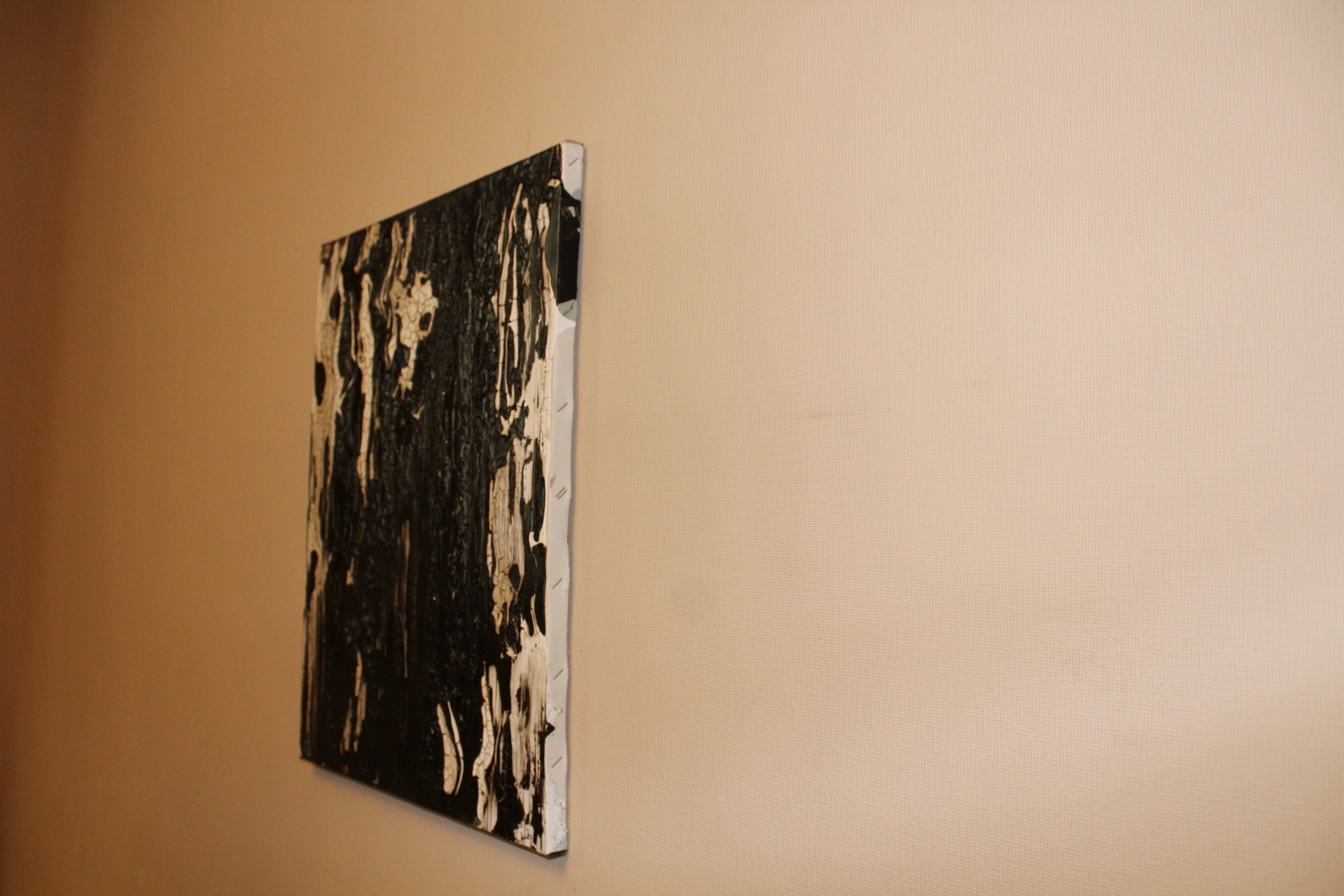 A dramatic abstract composition featuring glossy black and textured white forms.