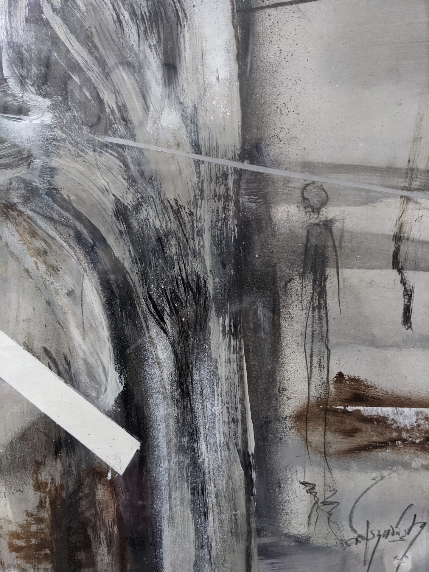 An abstract painting featuring a figure in distress with sharp geometric lines and a muted color palette.