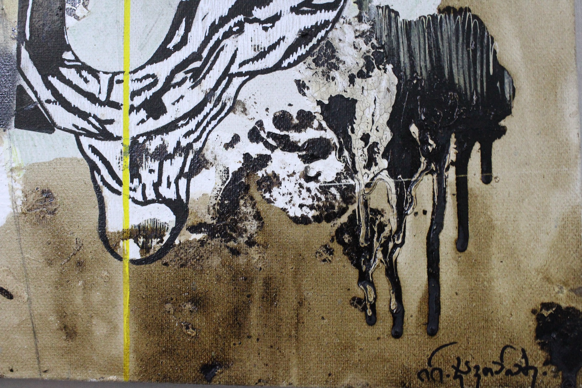 A raw, textured close-up of a figure's head and neck rendered in bold black lines against a stained canvas.