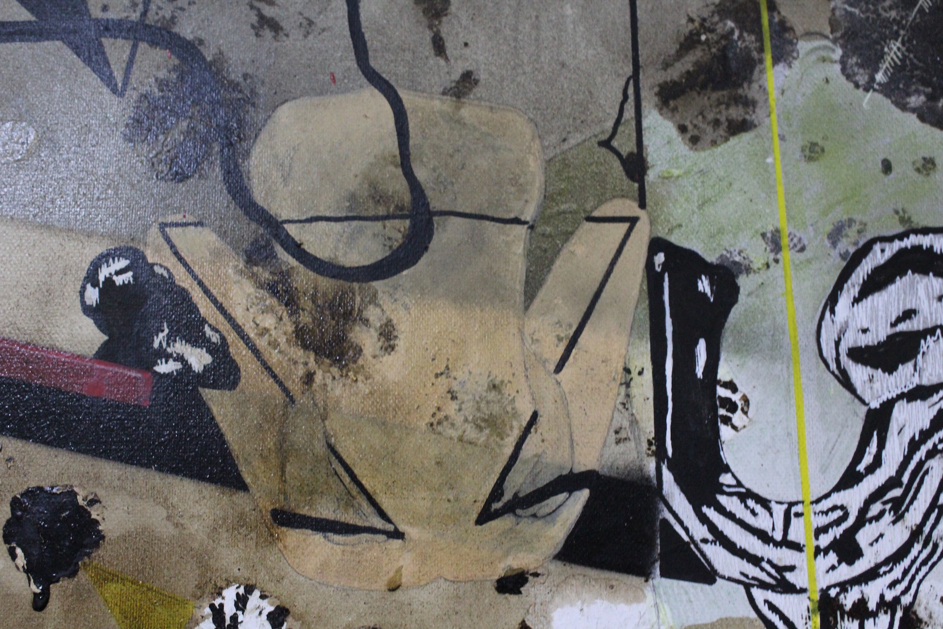 A raw, textured close-up of a figure's head and neck rendered in bold black lines against a stained canvas.