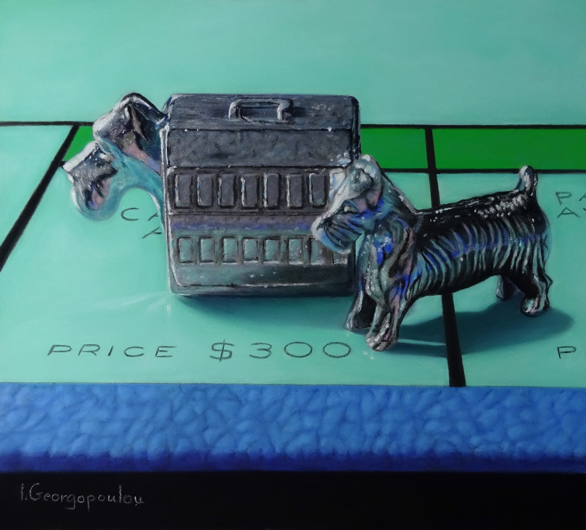 A painting of a dog and a suitcase on a board game.