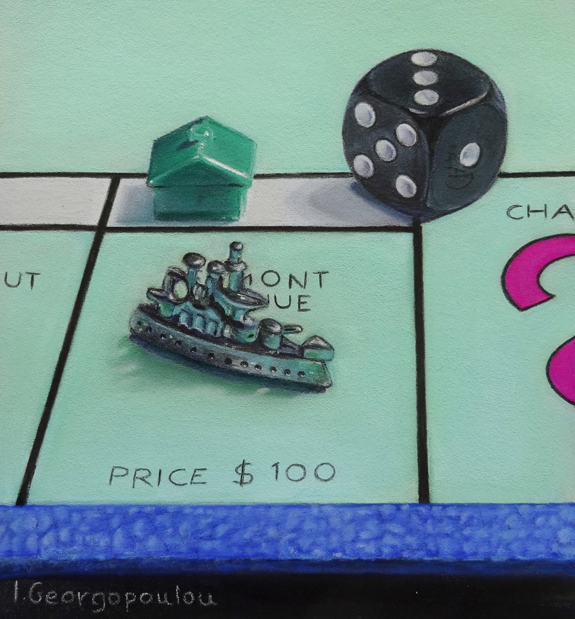 A close-up of a board game featuring a ship token, a green house piece, and a black die on a light green grid.