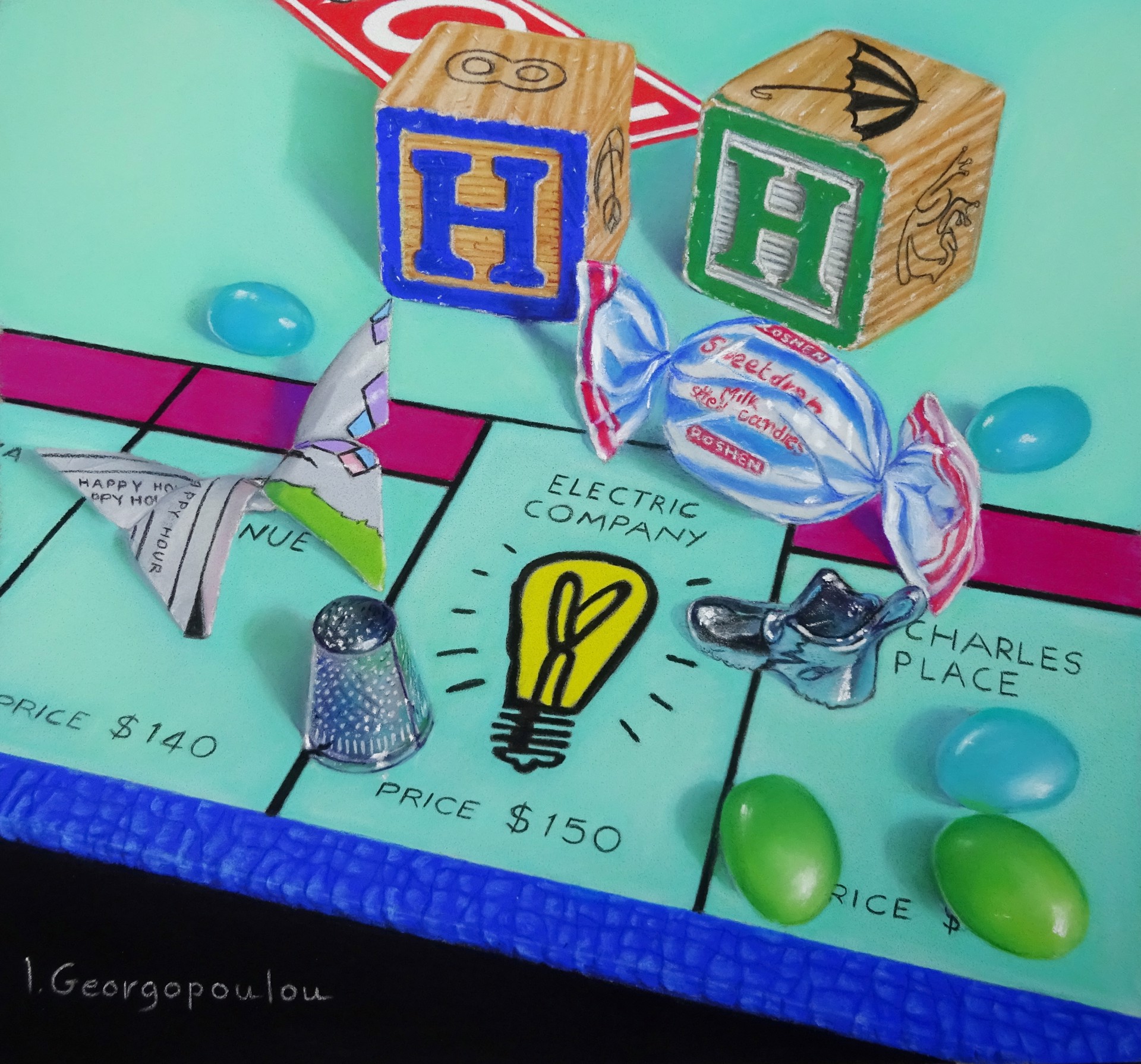 A playful, handcrafted board game scene featuring candy and thimble pieces on a colorful grid.