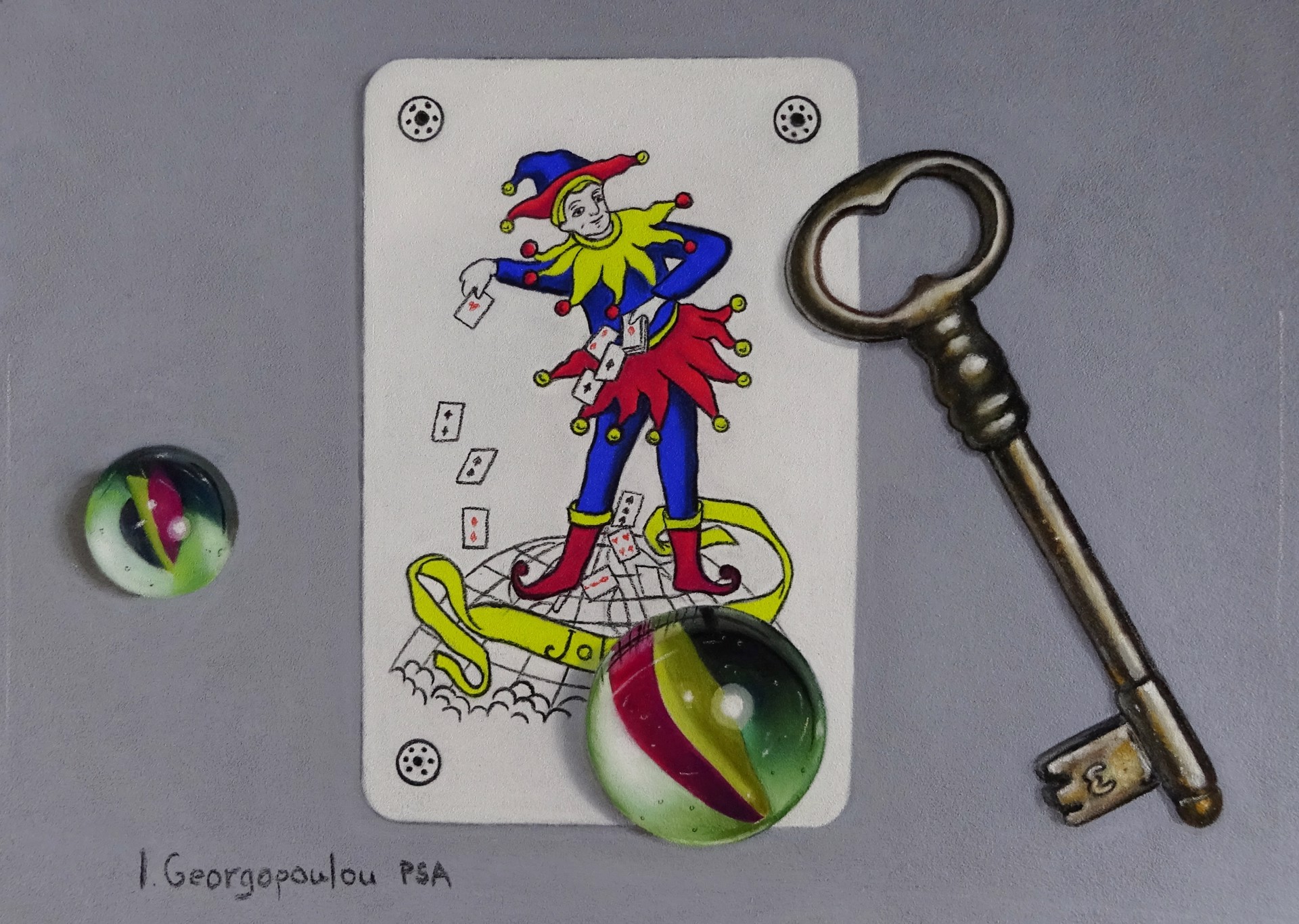 A drawing of a joker playing card next to a key and a glass ball.