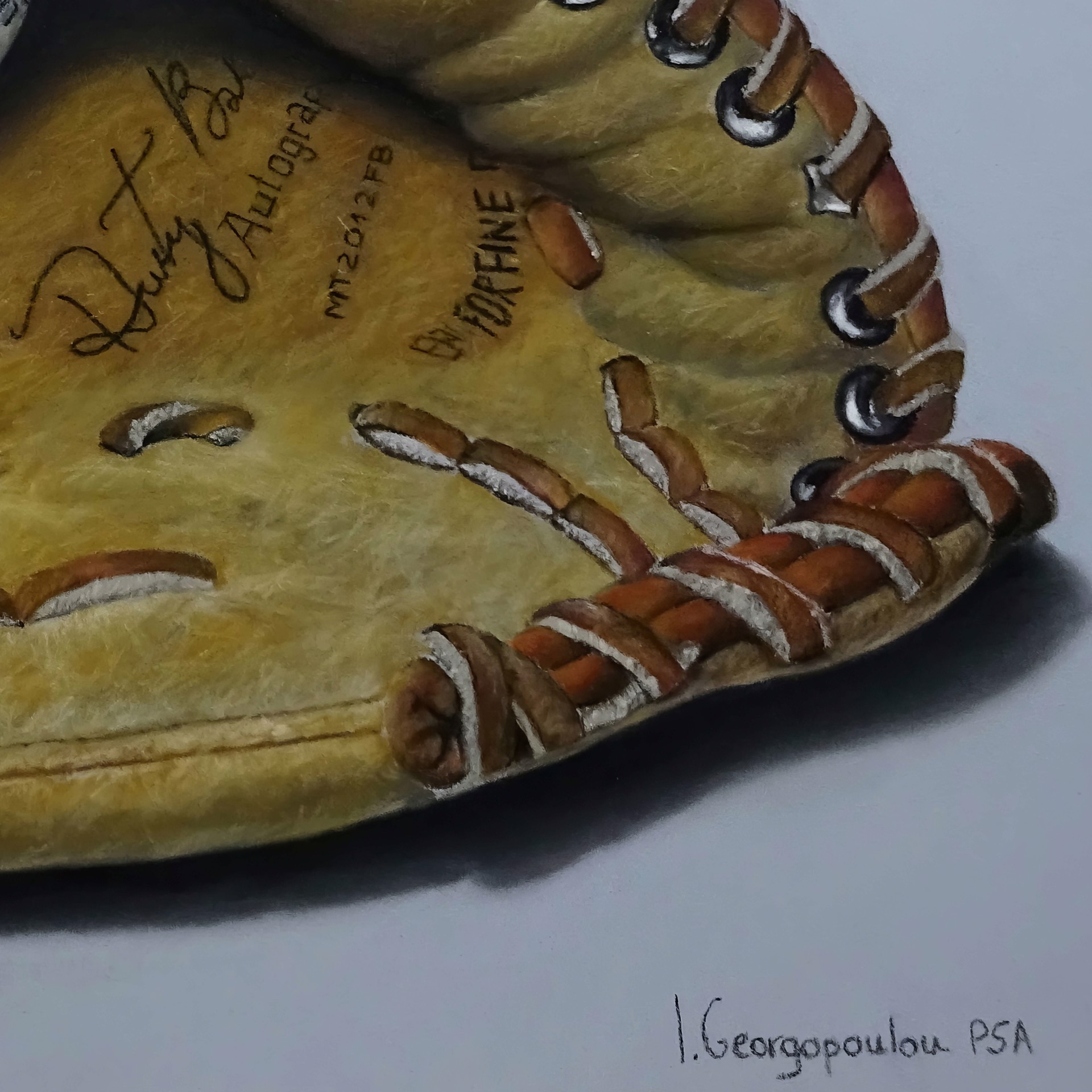 A painting of a baseball glove and two baseballs.