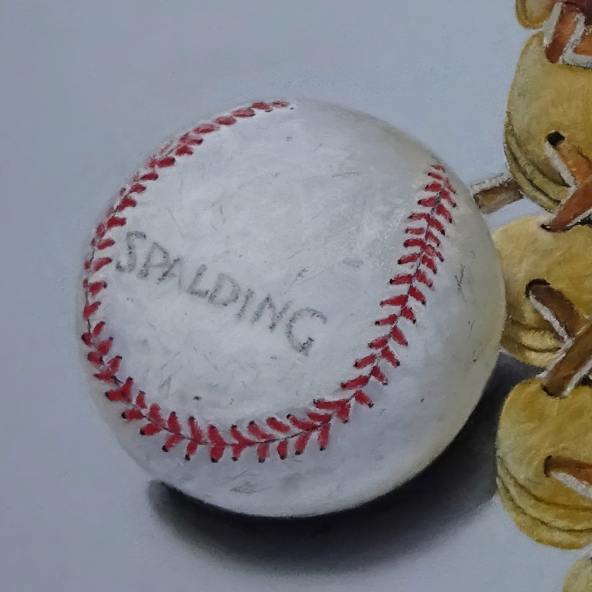 A painting of a baseball glove and two baseballs.