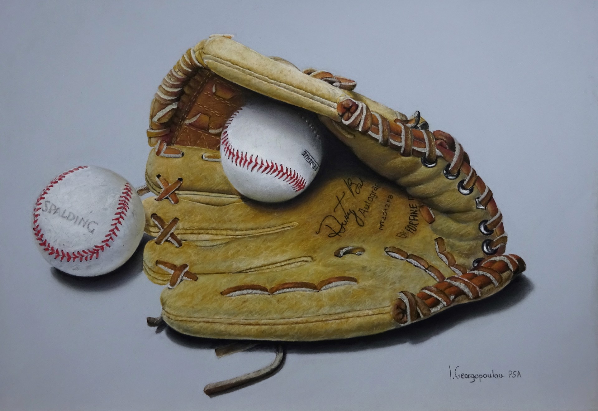A painting of a baseball glove and two baseballs.