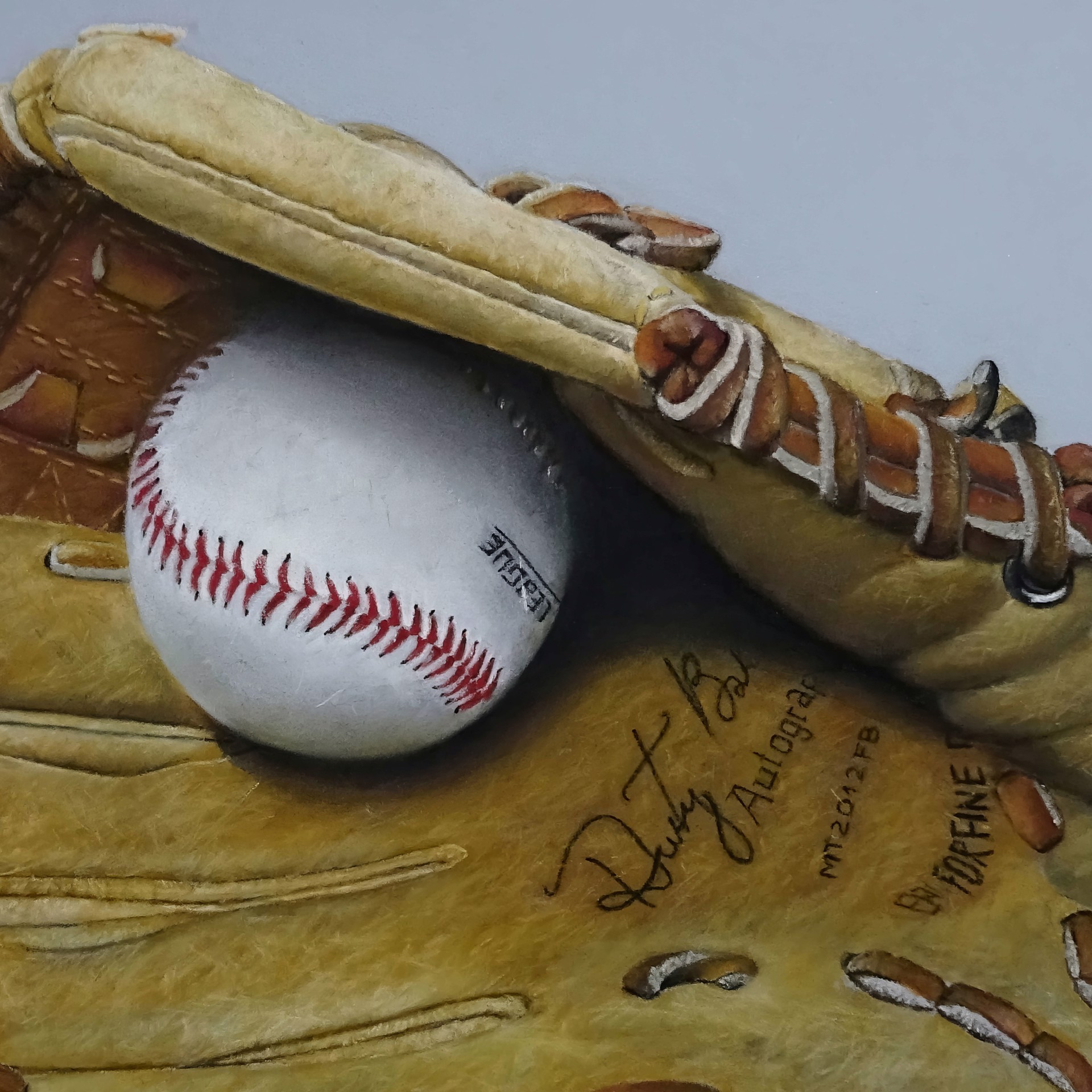 A painting of a baseball glove and two baseballs.