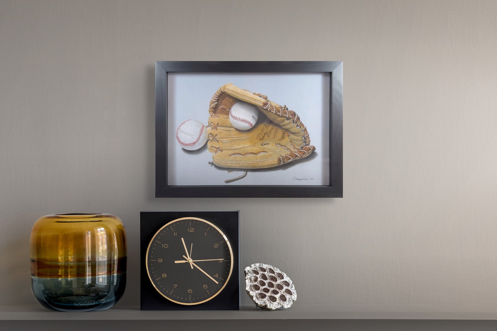 A painting of a baseball glove and two baseballs.