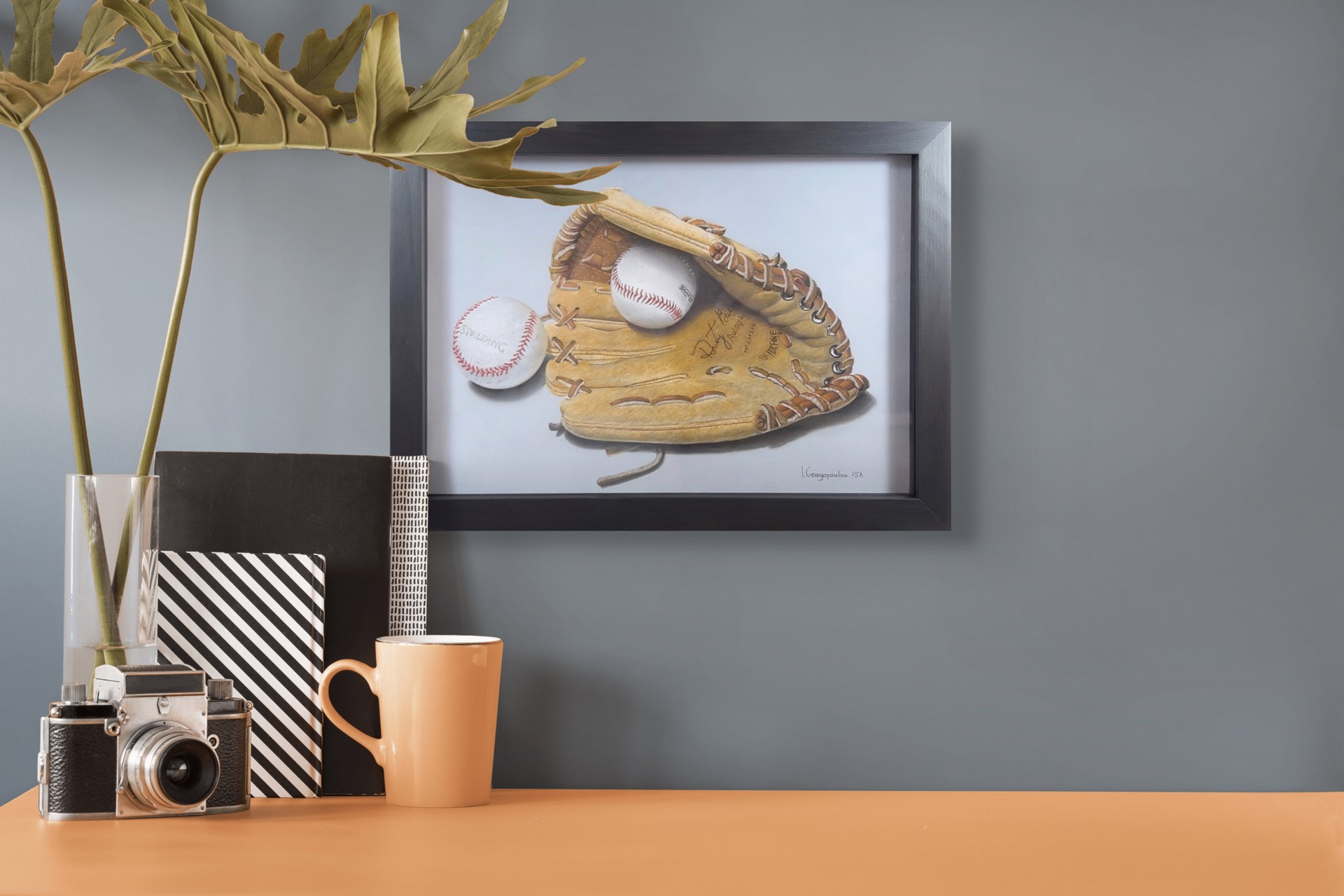 A painting of a baseball glove and two baseballs.