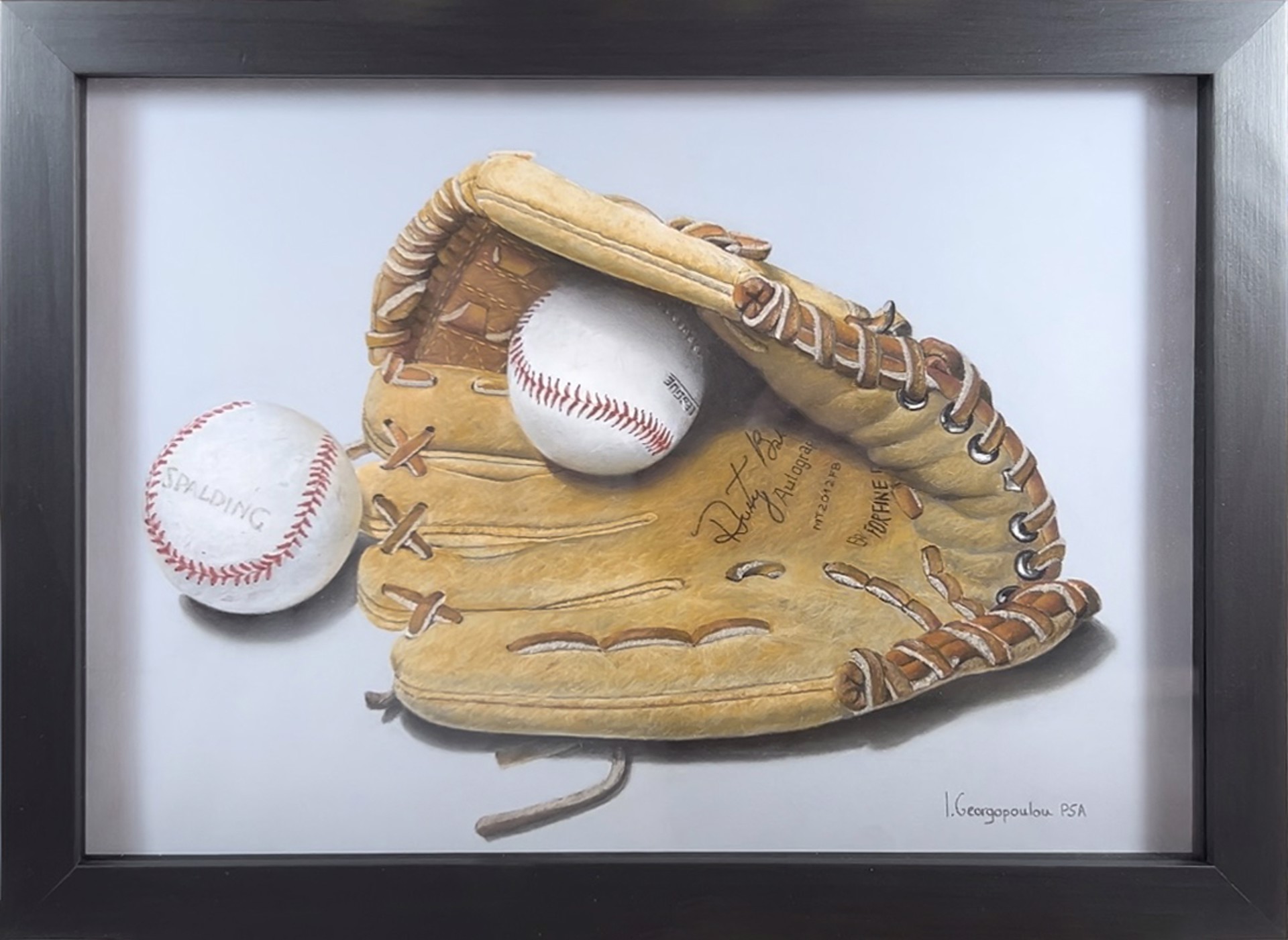 A painting of a baseball glove and two baseballs.
