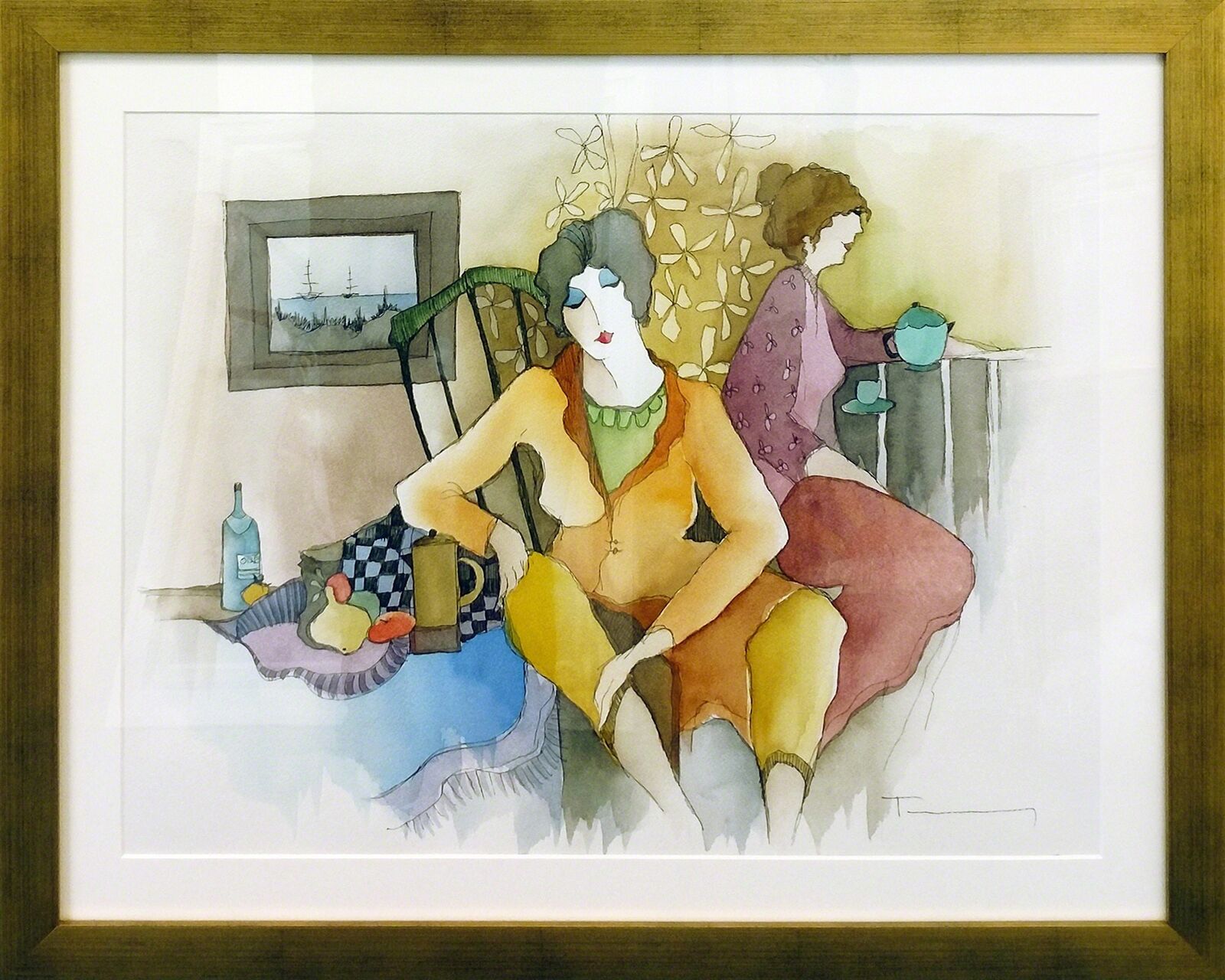 A watercolor scene of two figures in a relaxed indoor setting with still life elements.