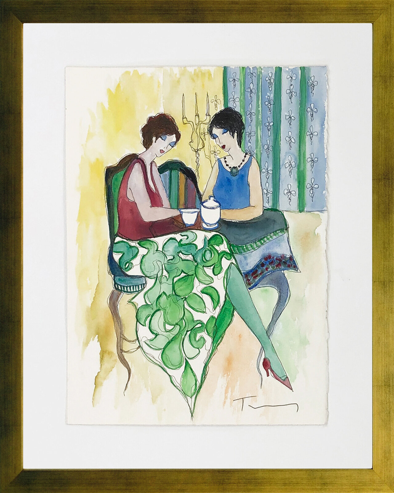 Tea Party (Watercolor) by Itzchak Tarkay, Late 20th Century