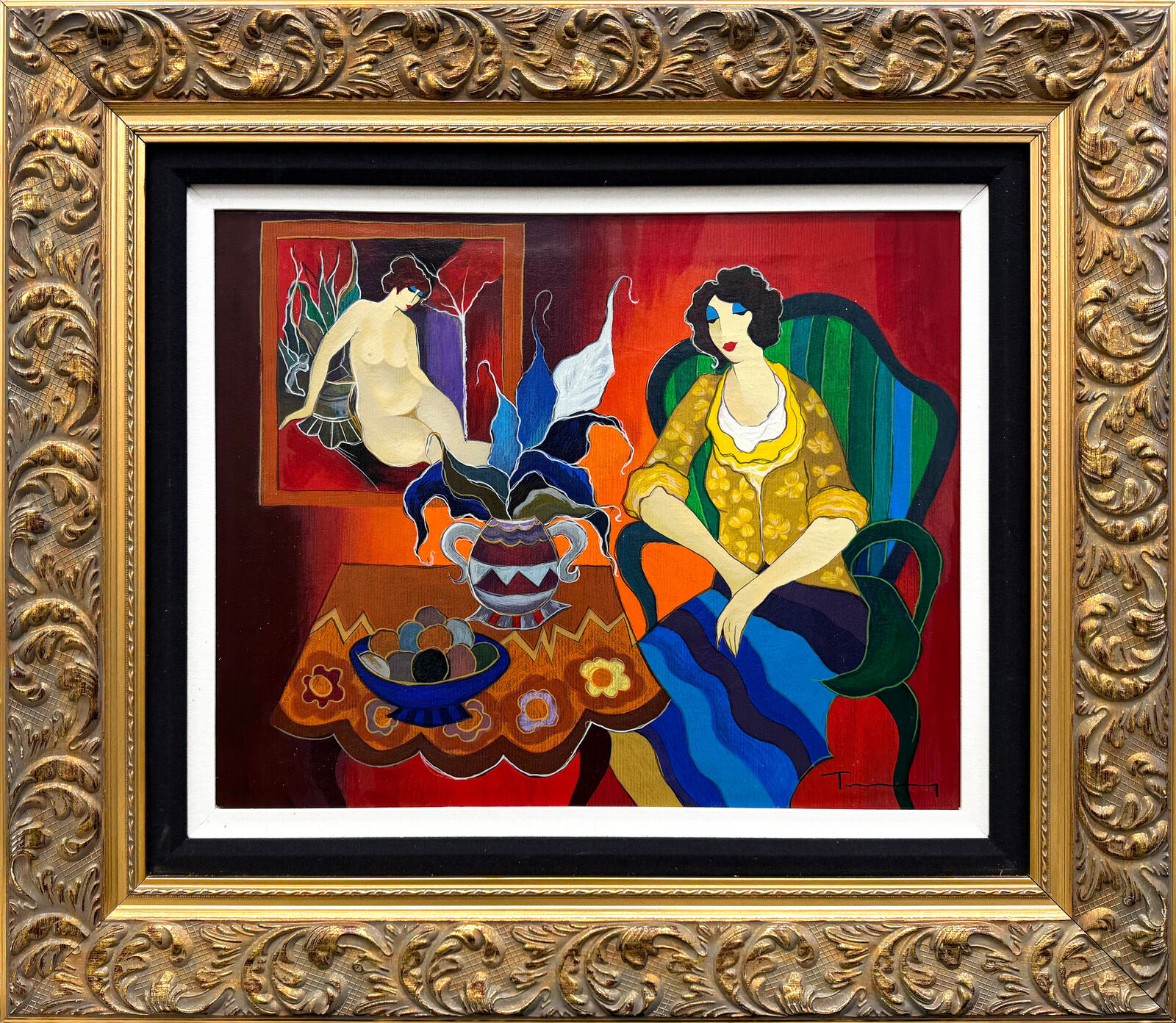 A painting of a woman sitting at a table with a vase of flowers.