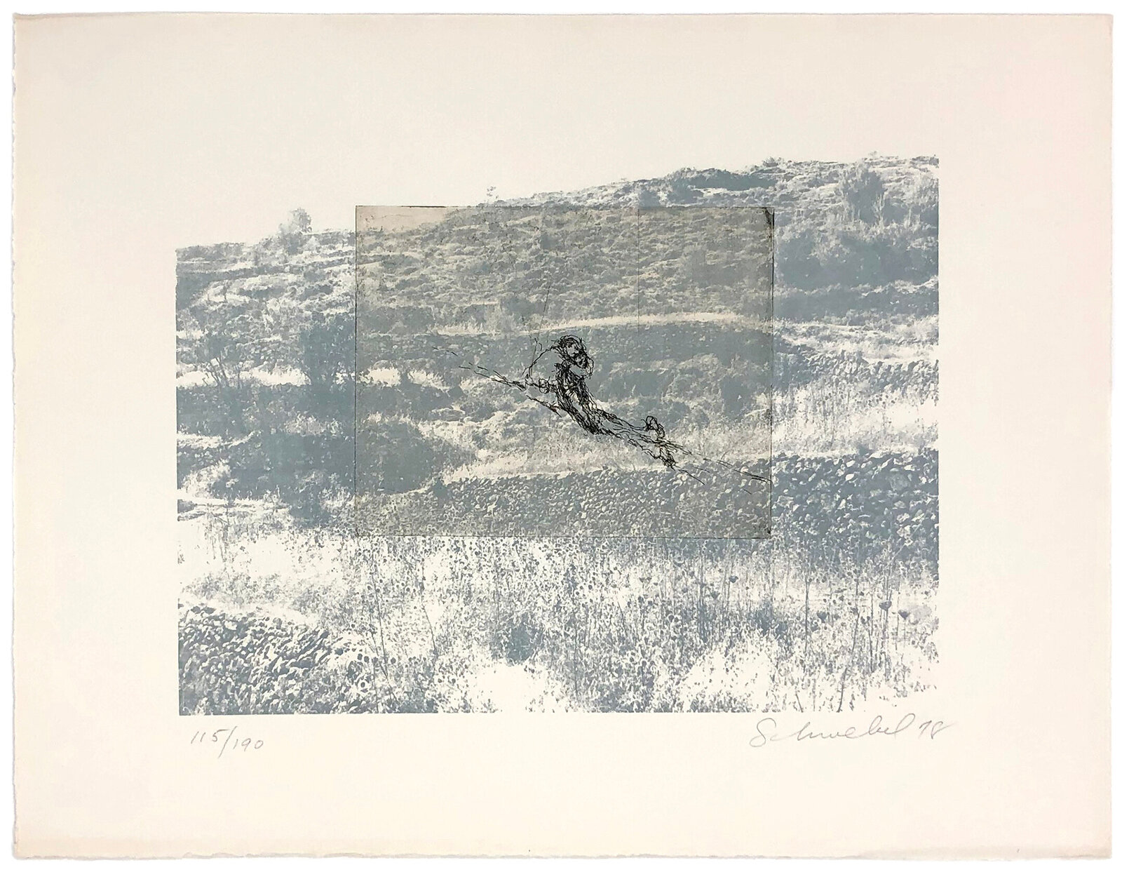 A monochromatic landscape print featuring a figure in motion against a textured hillside.