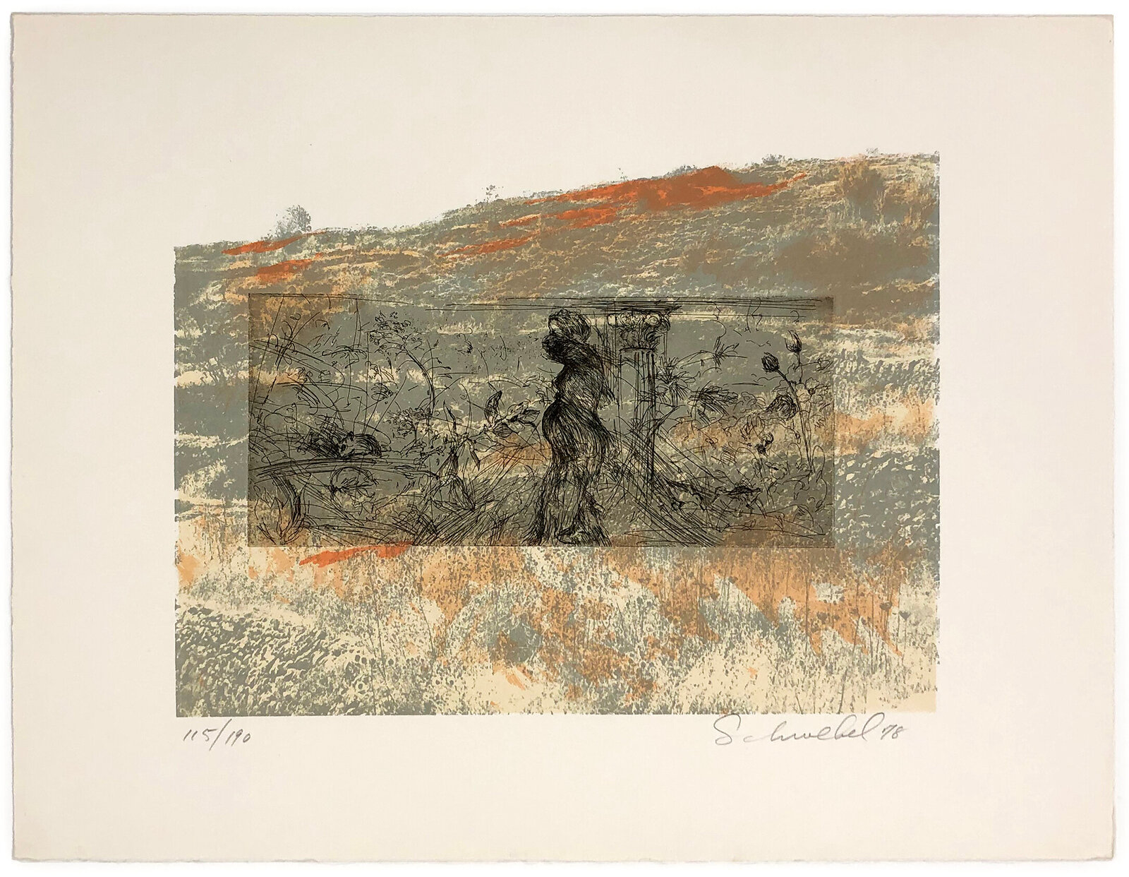 A layered print featuring a central ink drawing of a figure amidst foliage, set against a textured landscape background.