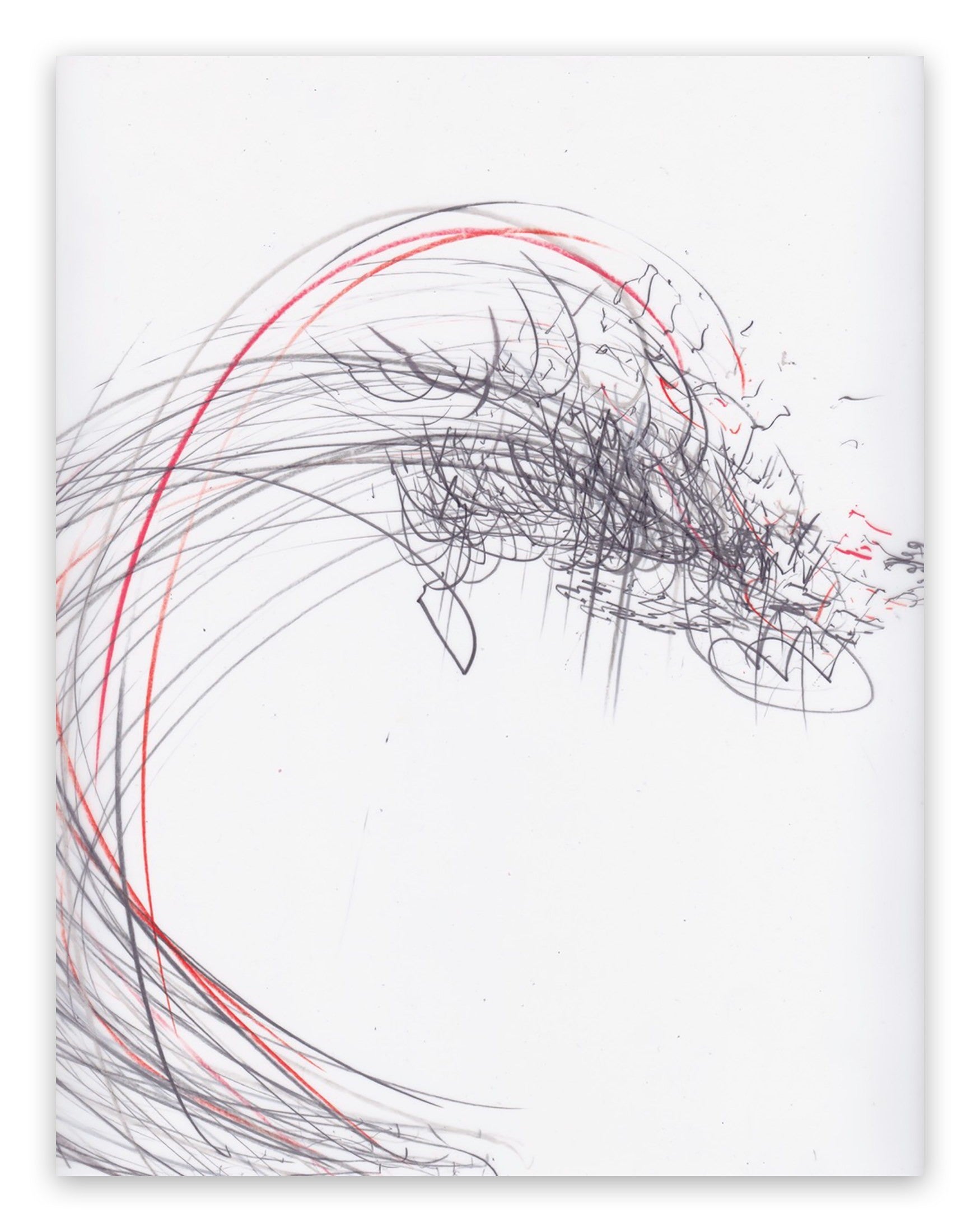 A drawing of a red and black line drawing on a white surface.