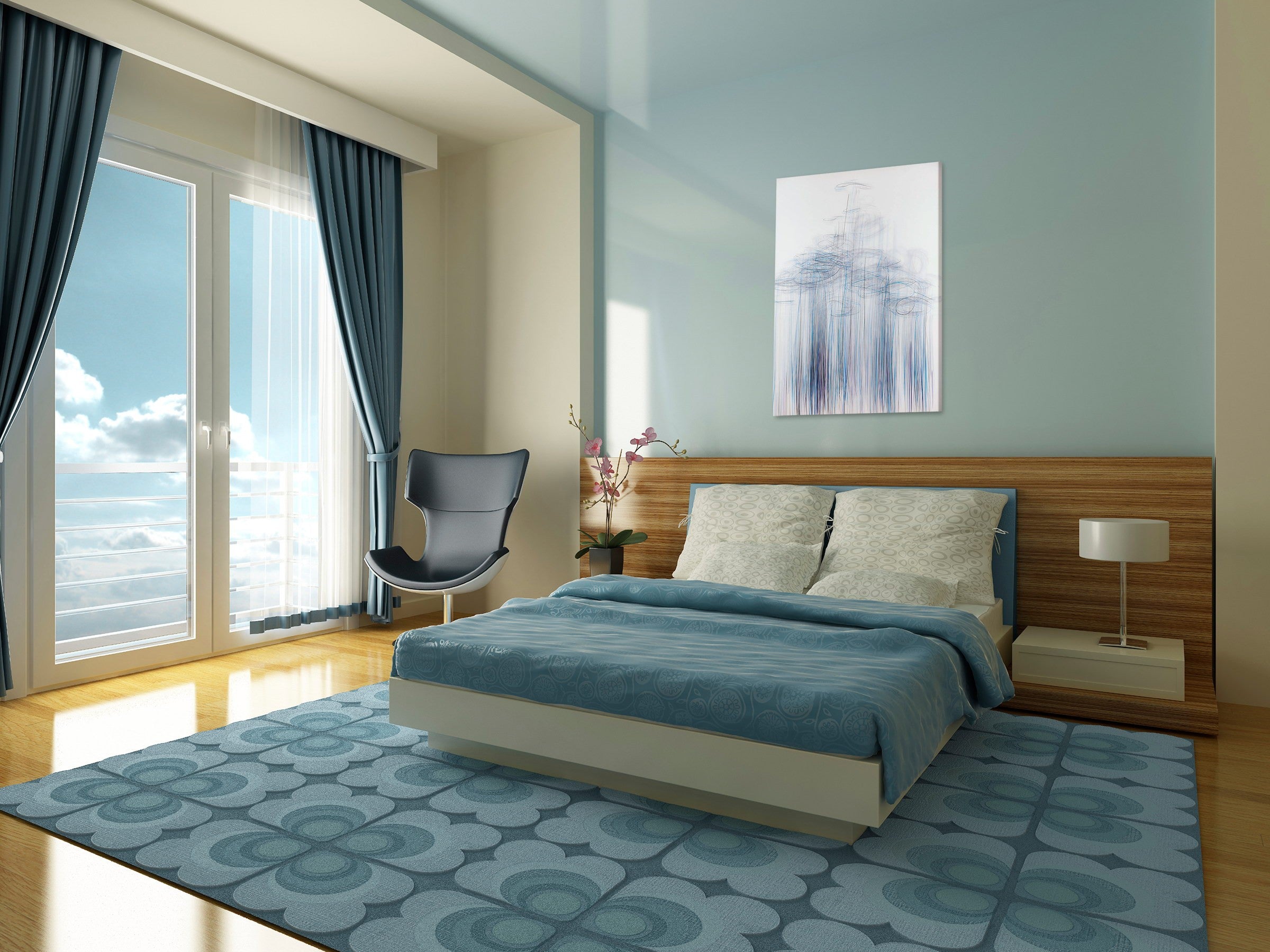 A drawing of blue and white lines on a white background.