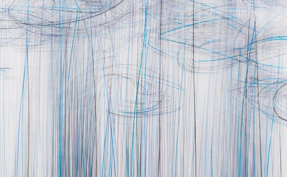 A drawing of blue and white lines on a white background.