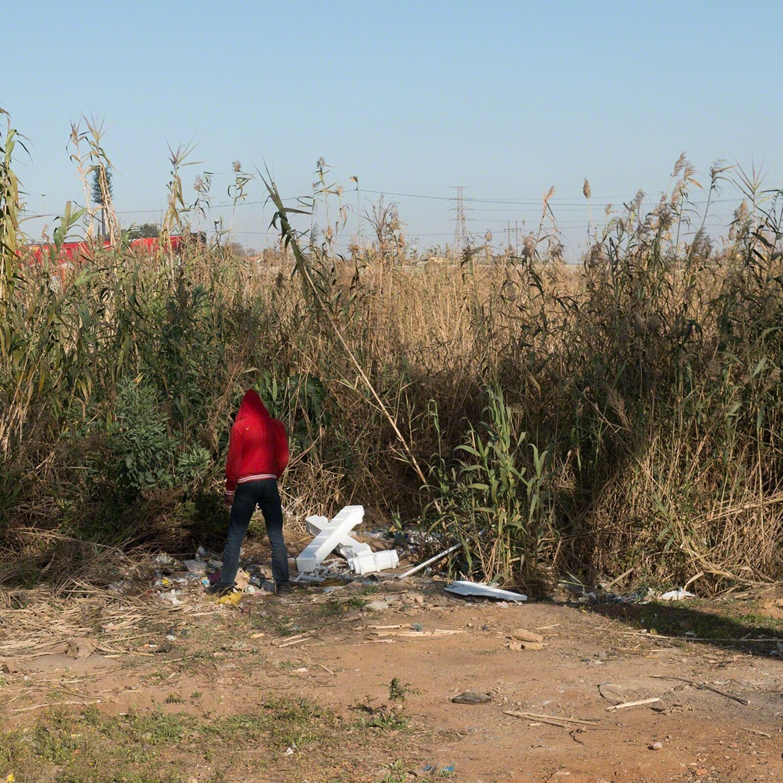 A person in a red hoodie standing in the middle of a field.