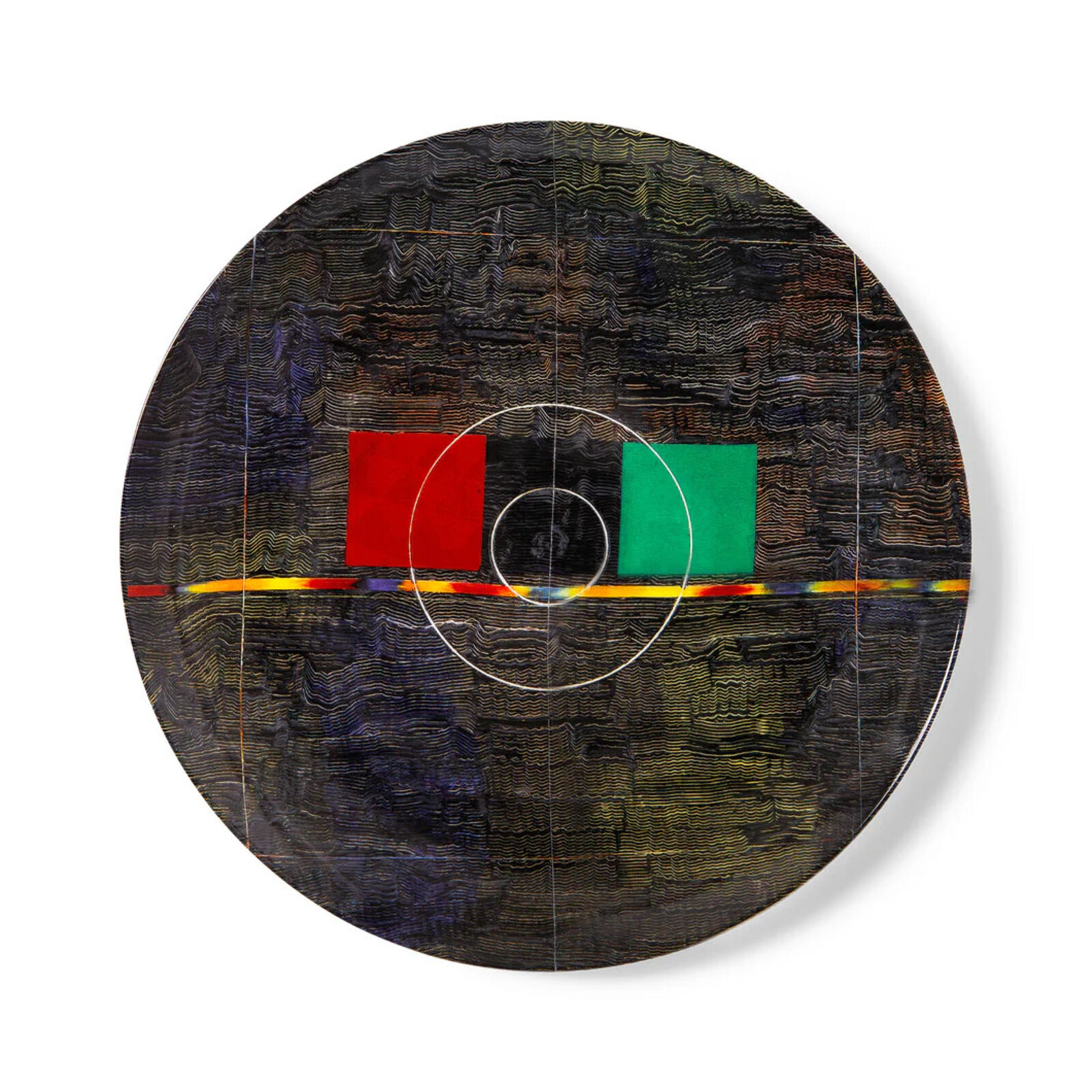 A circular painting on a white wall with a red, green, and blue circle.