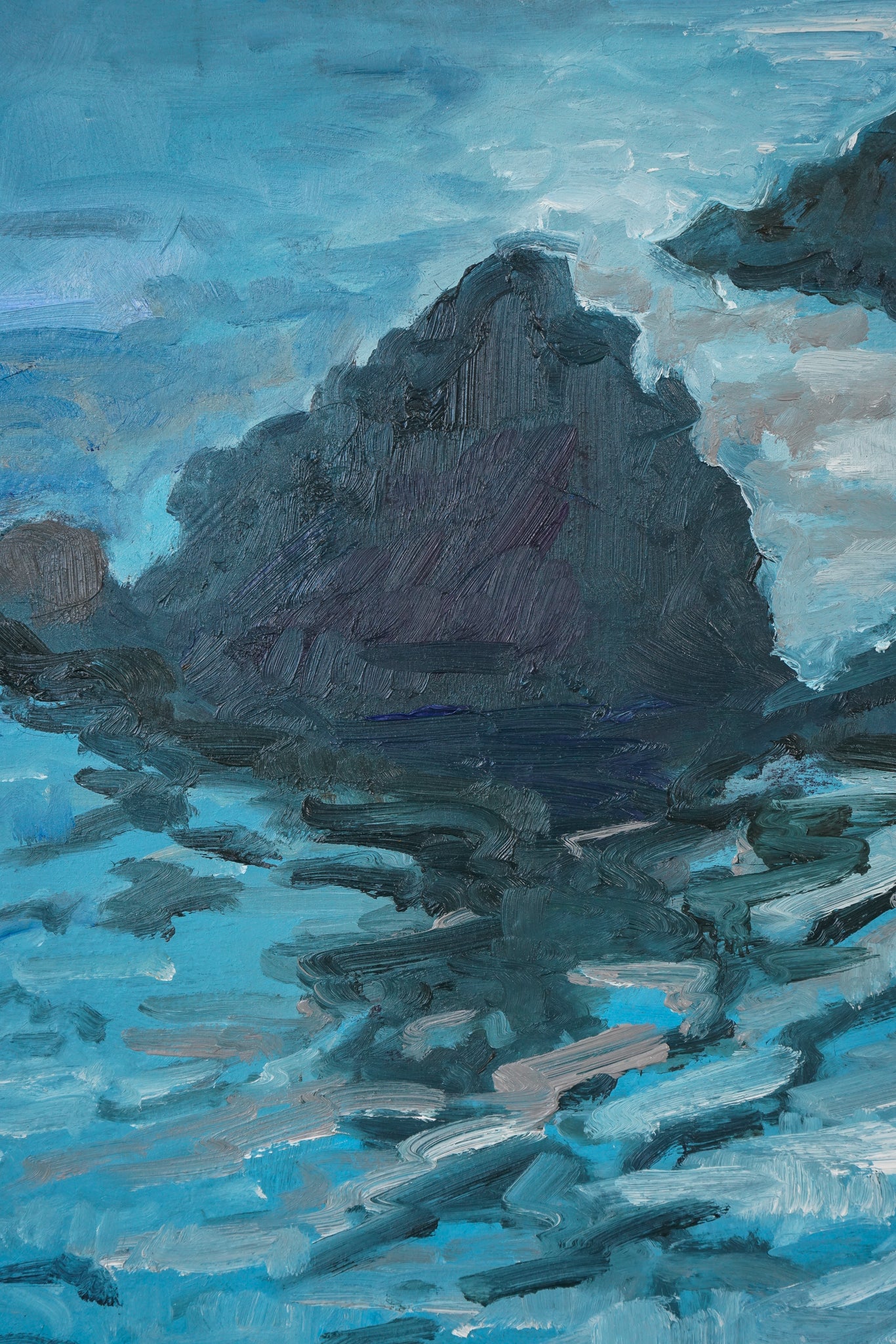 A painting of a rocky shoreline with waves crashing on the rocks.