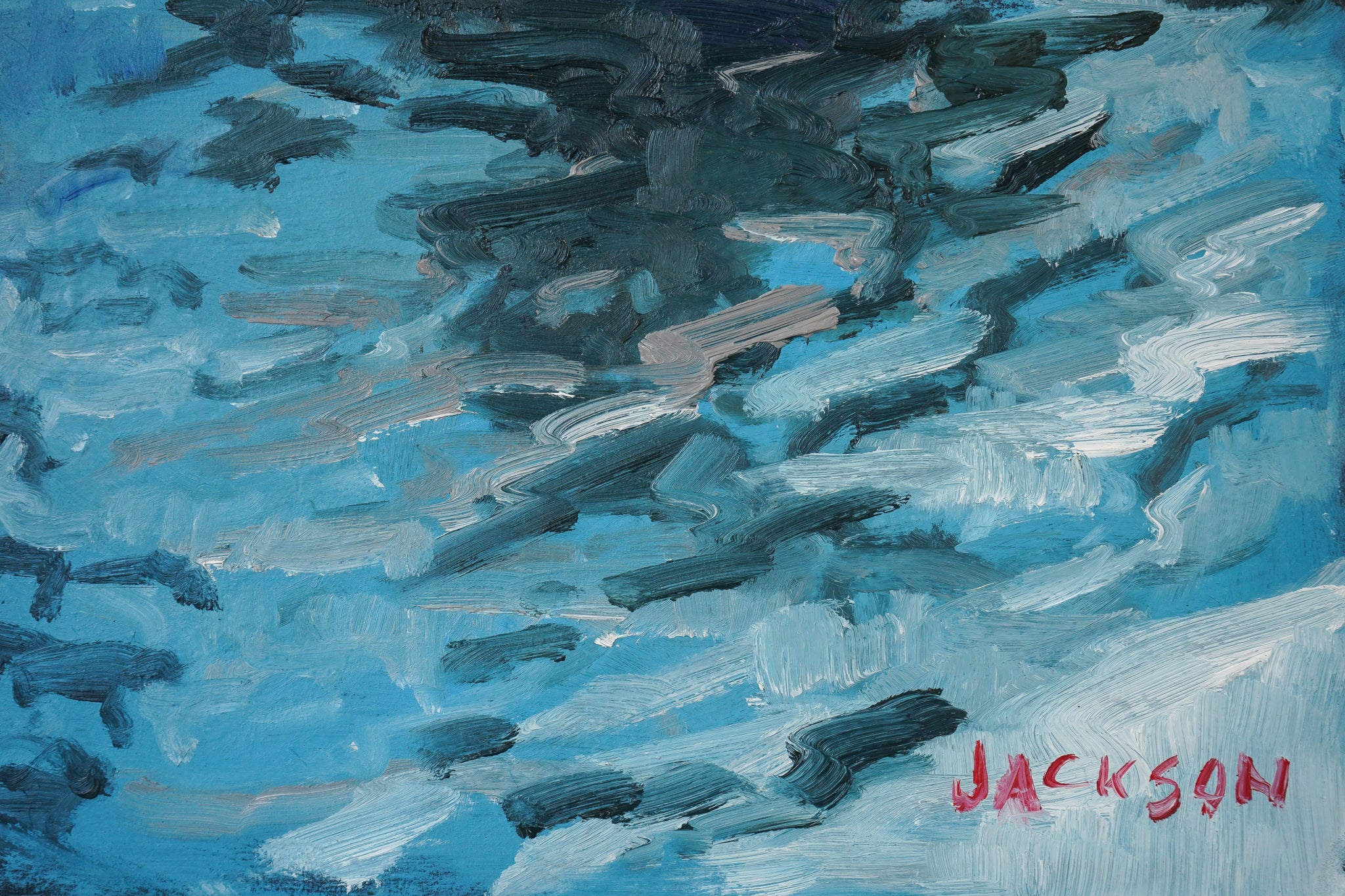 A painting of a rocky shoreline with waves crashing on the rocks.