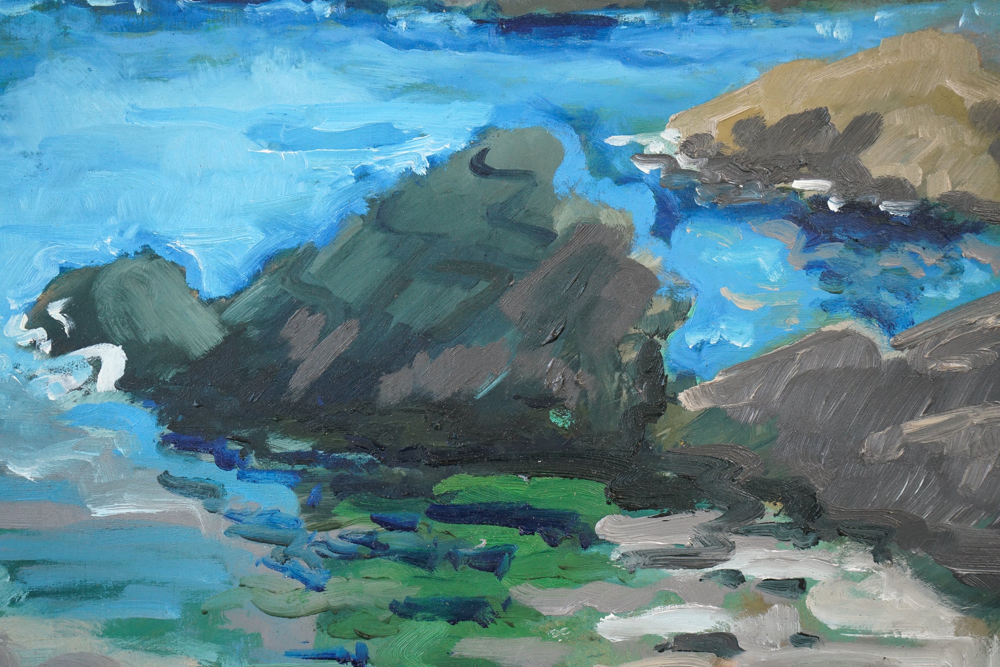 A painting of a rocky shoreline with a body of water.