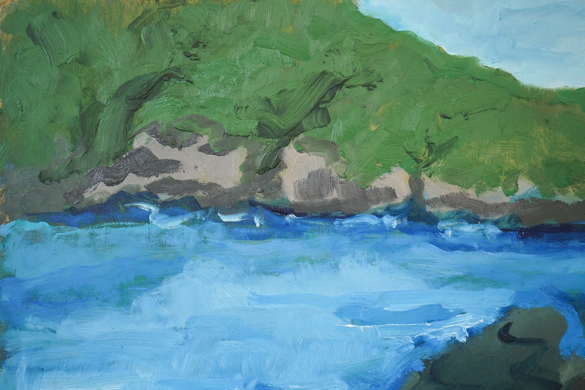A painting of a rocky shoreline with a body of water.