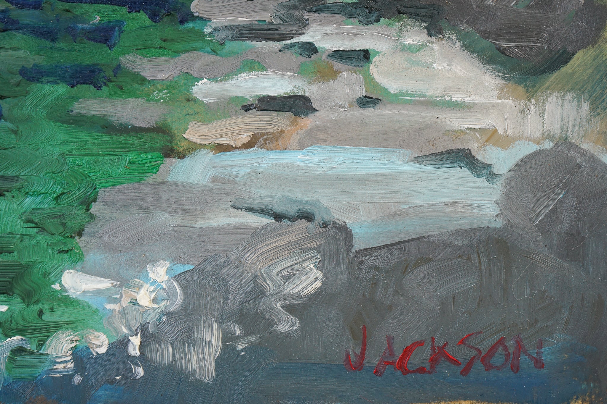 A painting of a rocky shoreline with a body of water.