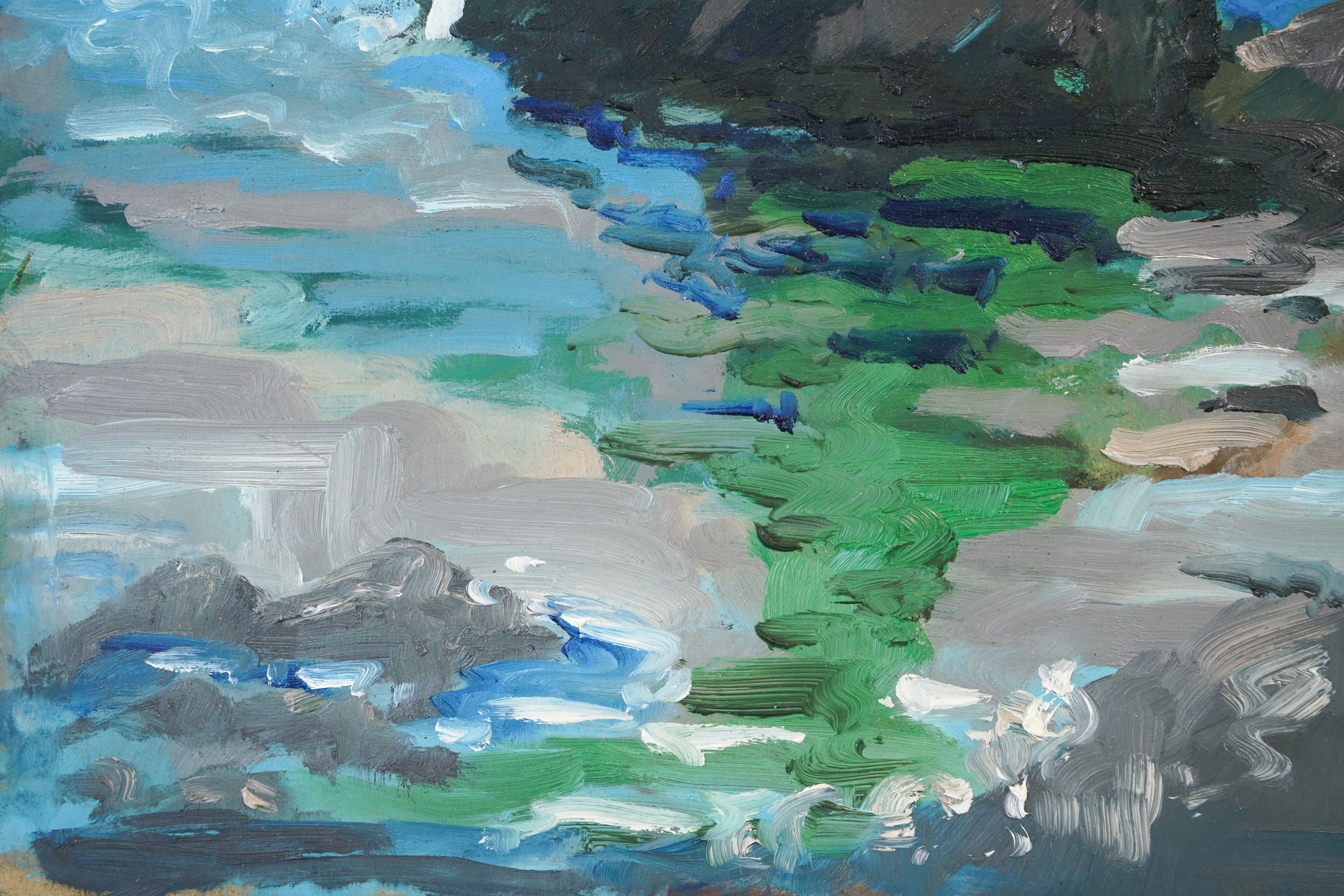 A painting of a rocky shoreline with a body of water.