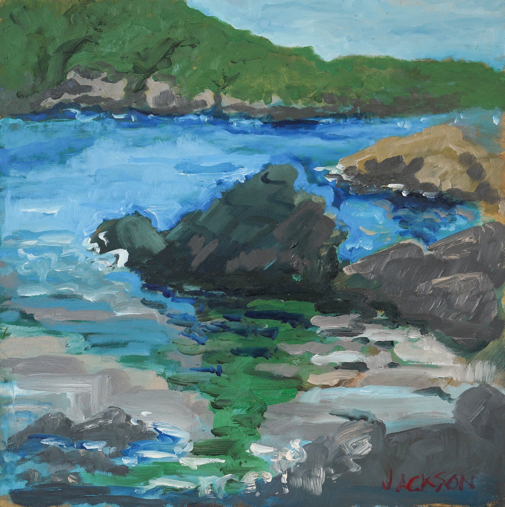A painting of a rocky shoreline with a body of water.