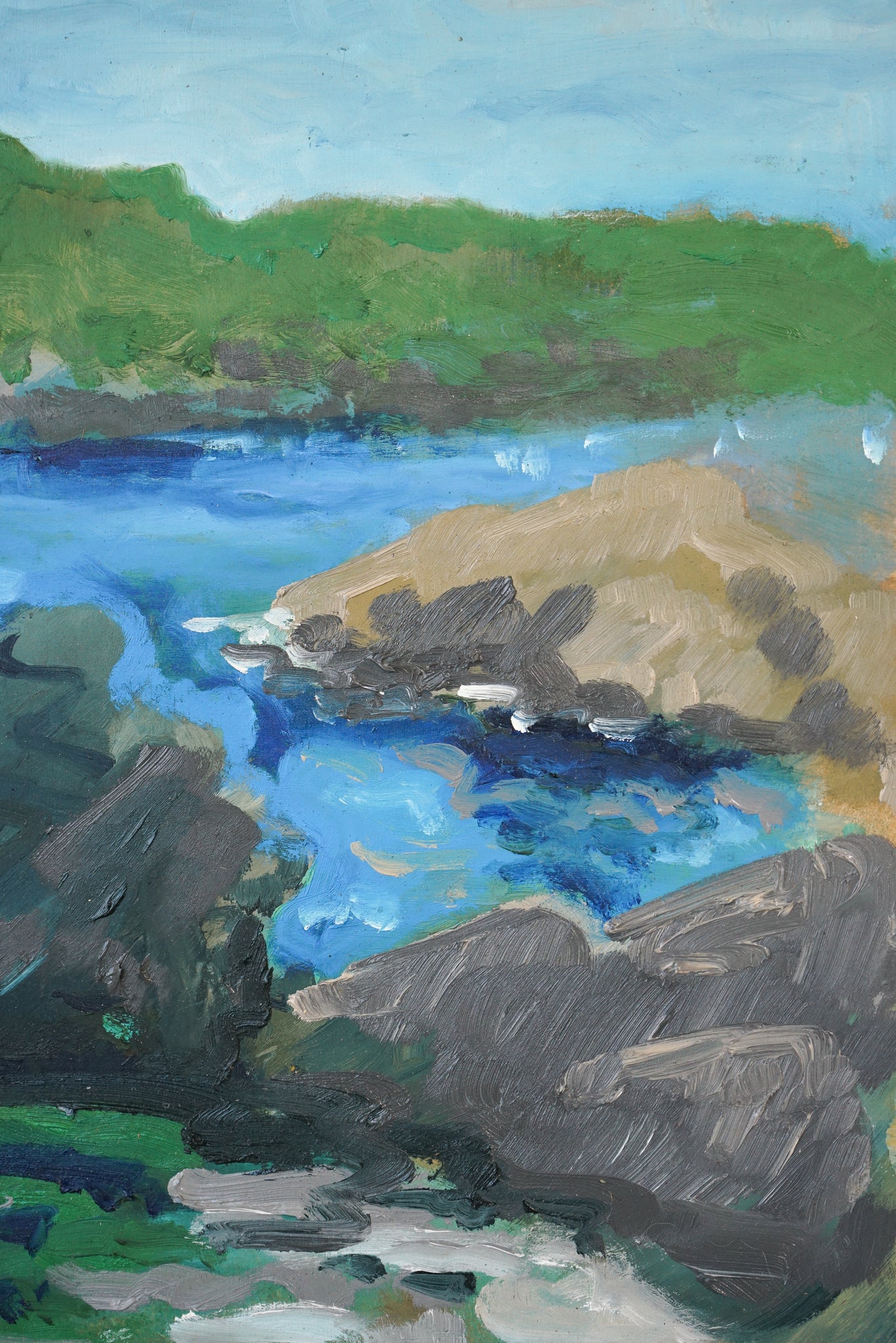 A painting of a rocky shoreline with a body of water.