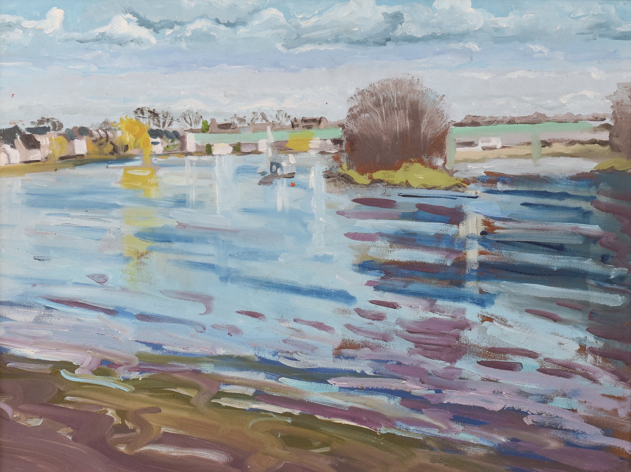 A painting of a body of water with a tree in the background.