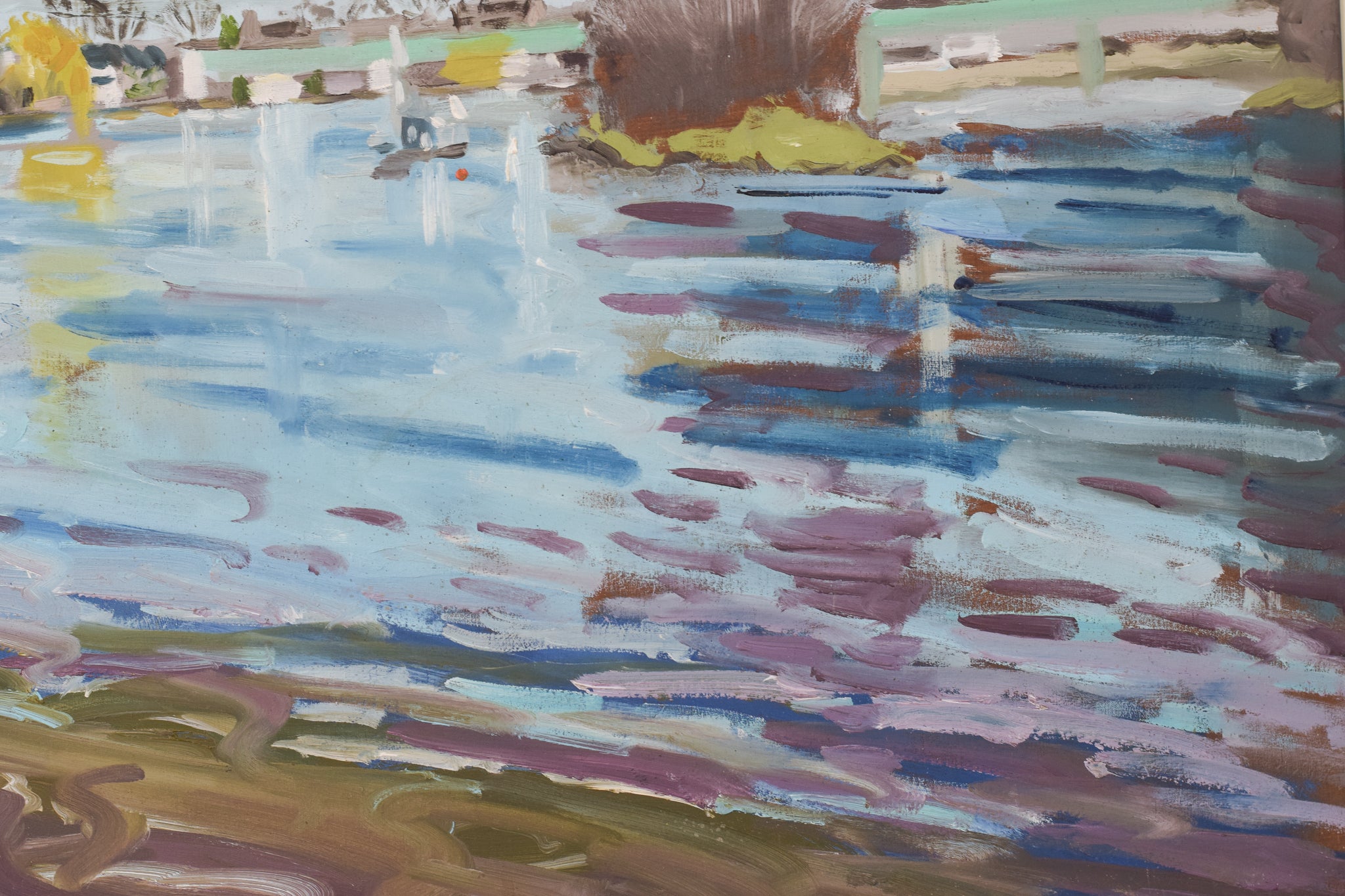 A painting of a body of water with a tree in the background.