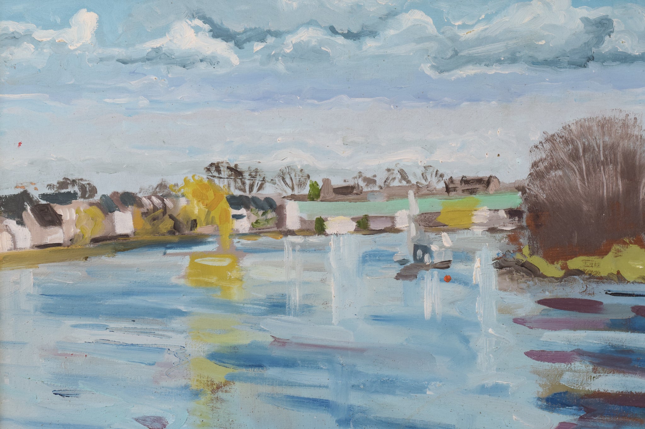 A painting of a body of water with a tree in the background.