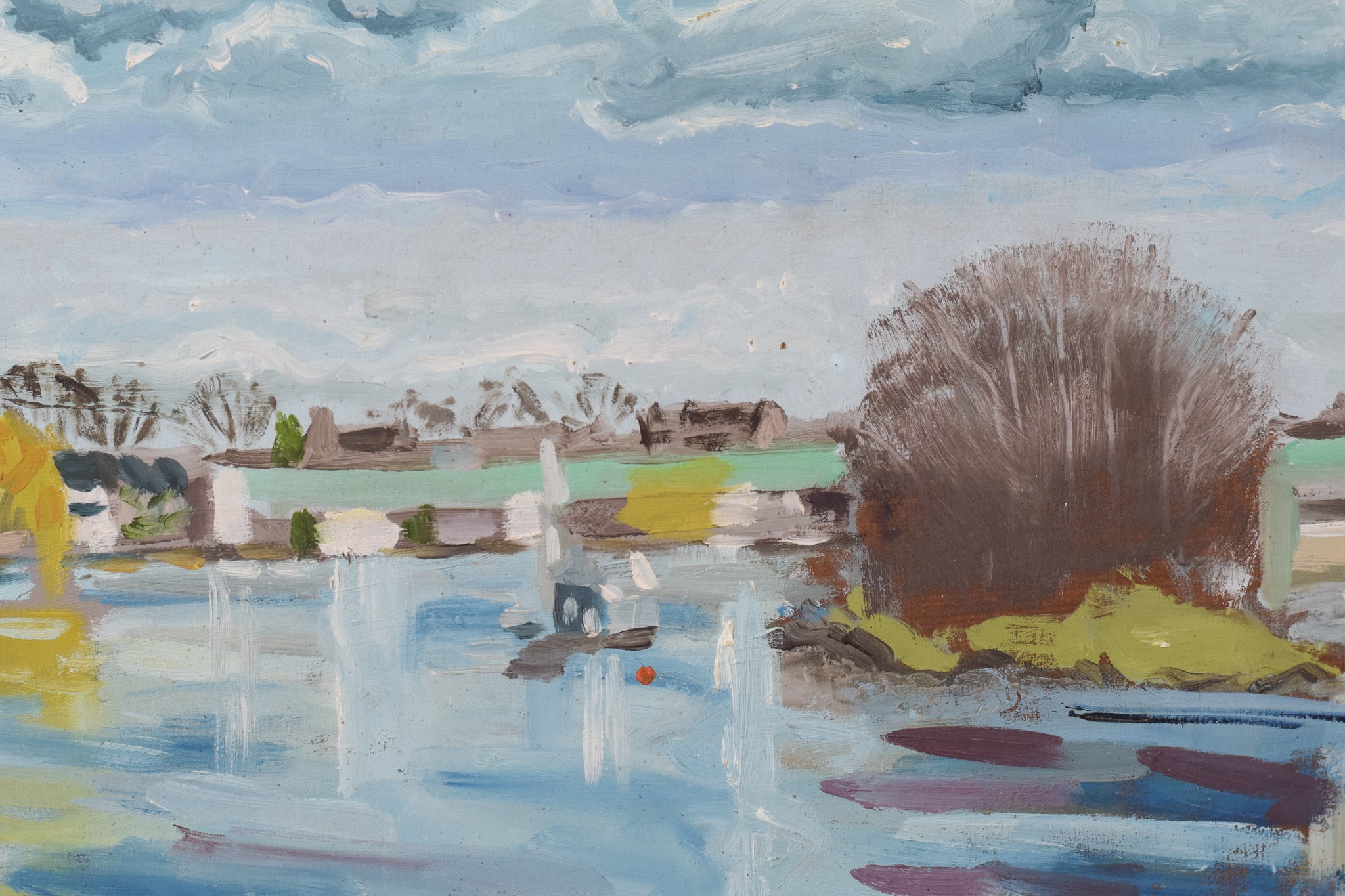 A painting of a body of water with a tree in the background.