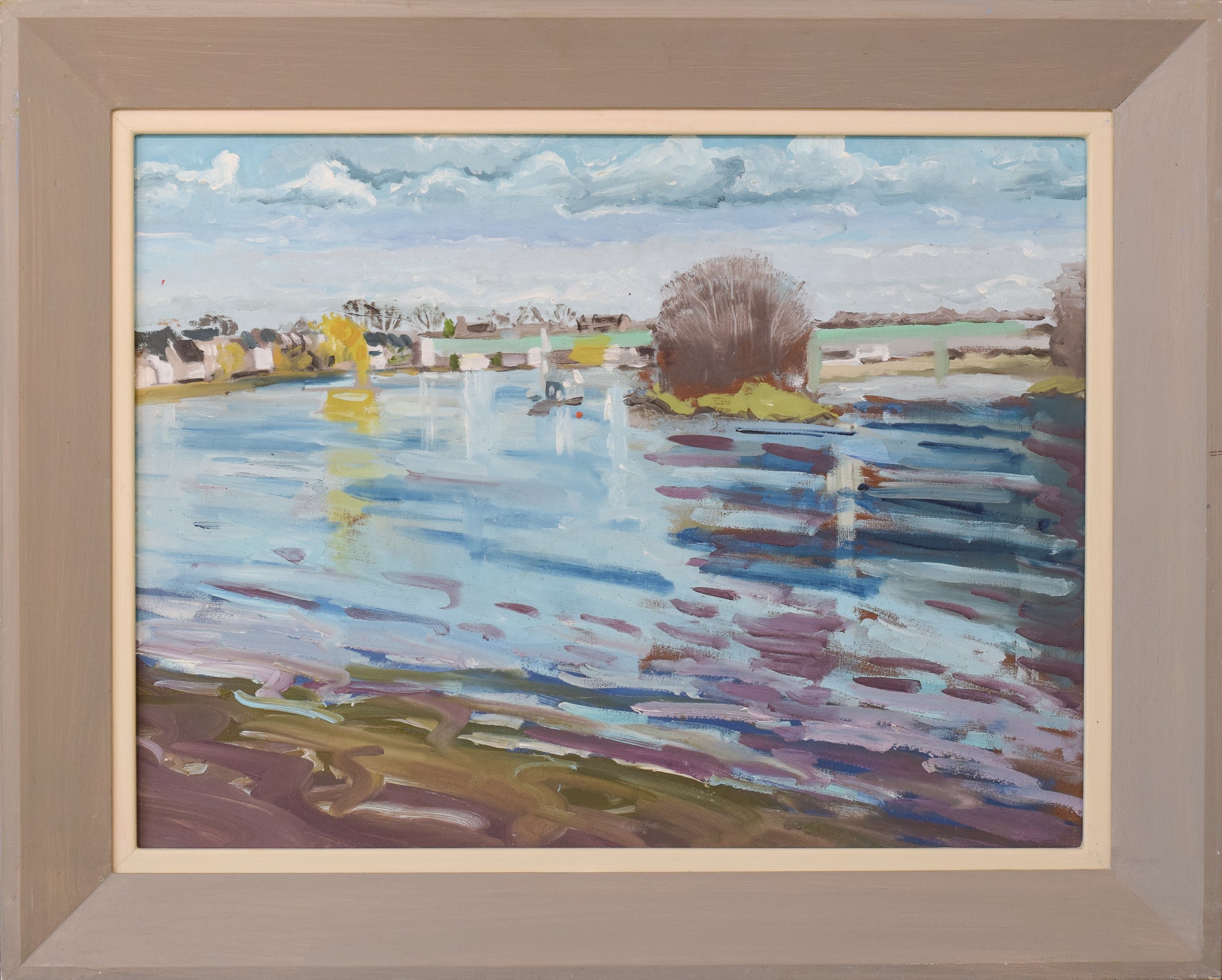 A painting of a body of water with a tree in the background.