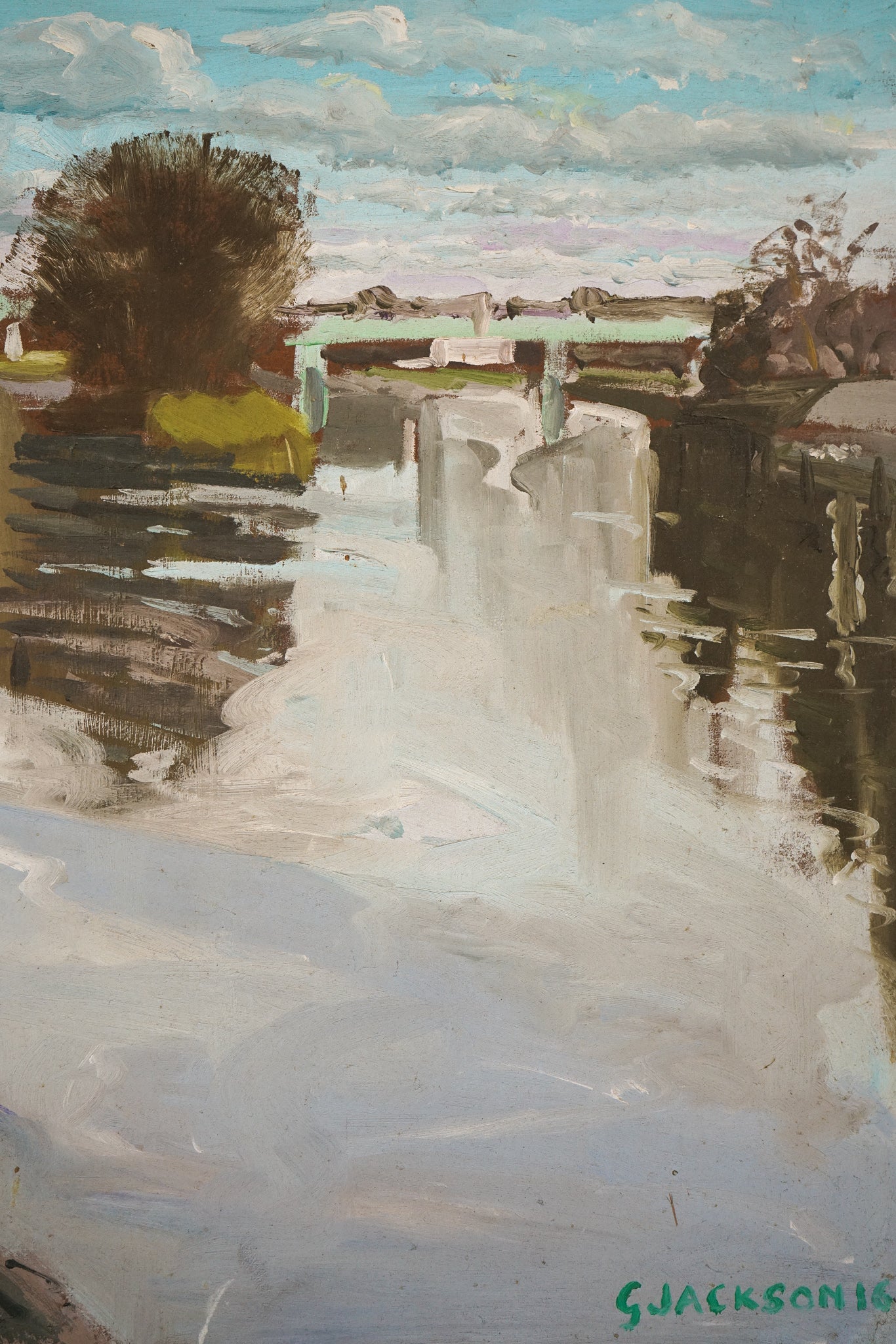 Artwork by Jackson, Kew bridge towards the Strand on the Green - En Plein Air Painting, Made of Oil on board 