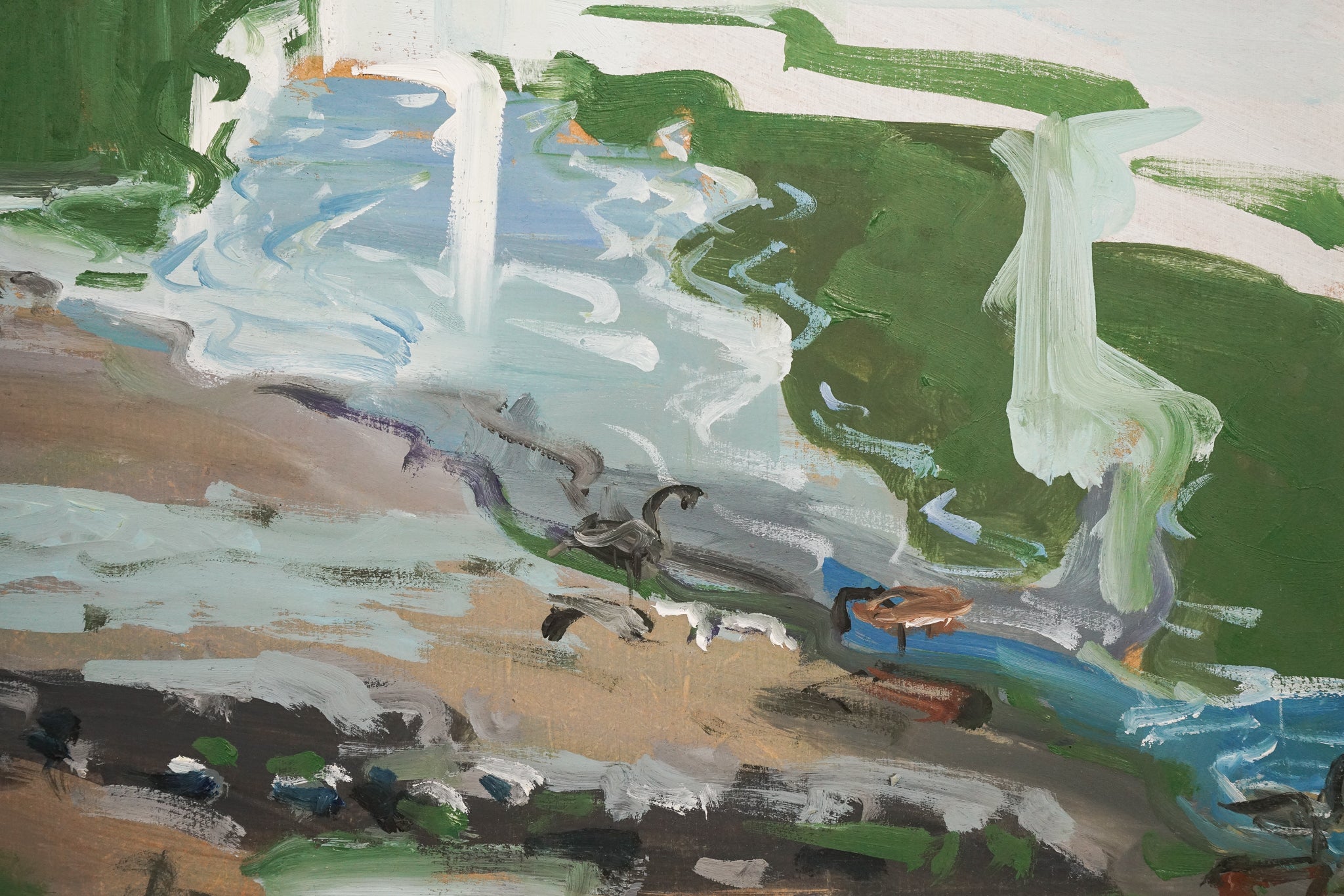 A painting of a landscape with a river running through it.