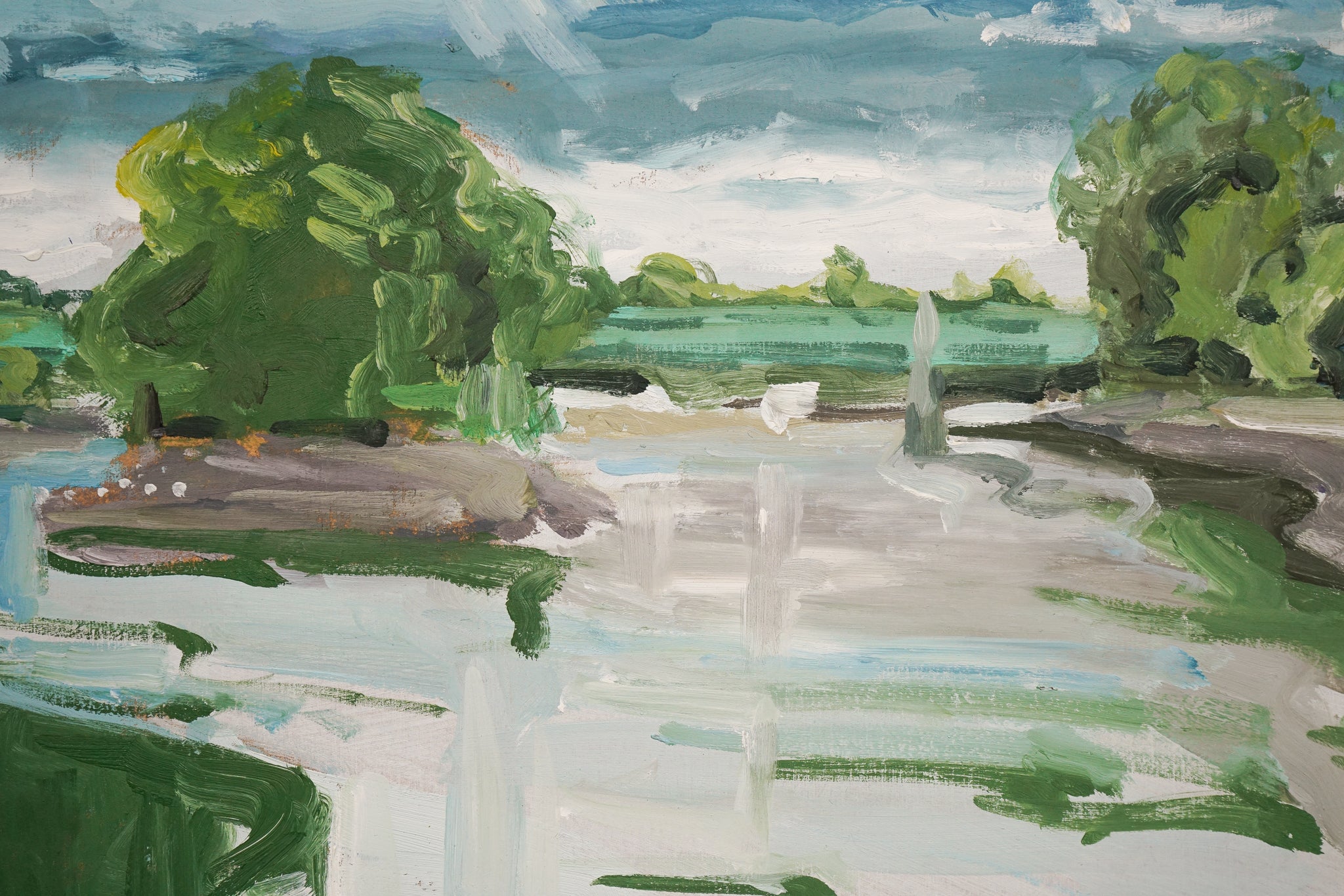 A painting of a landscape with a river running through it.