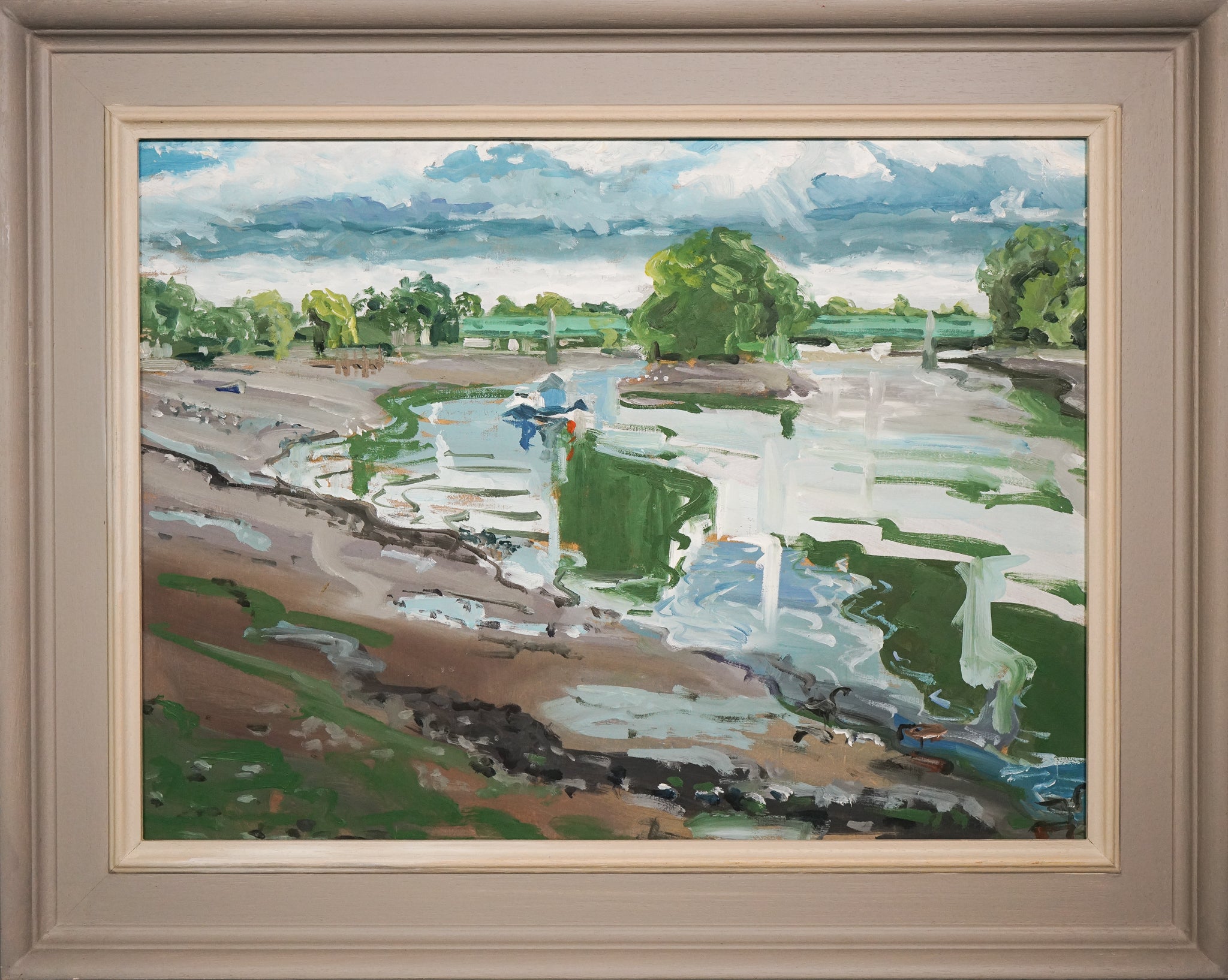 A painting of a landscape with a river running through it.