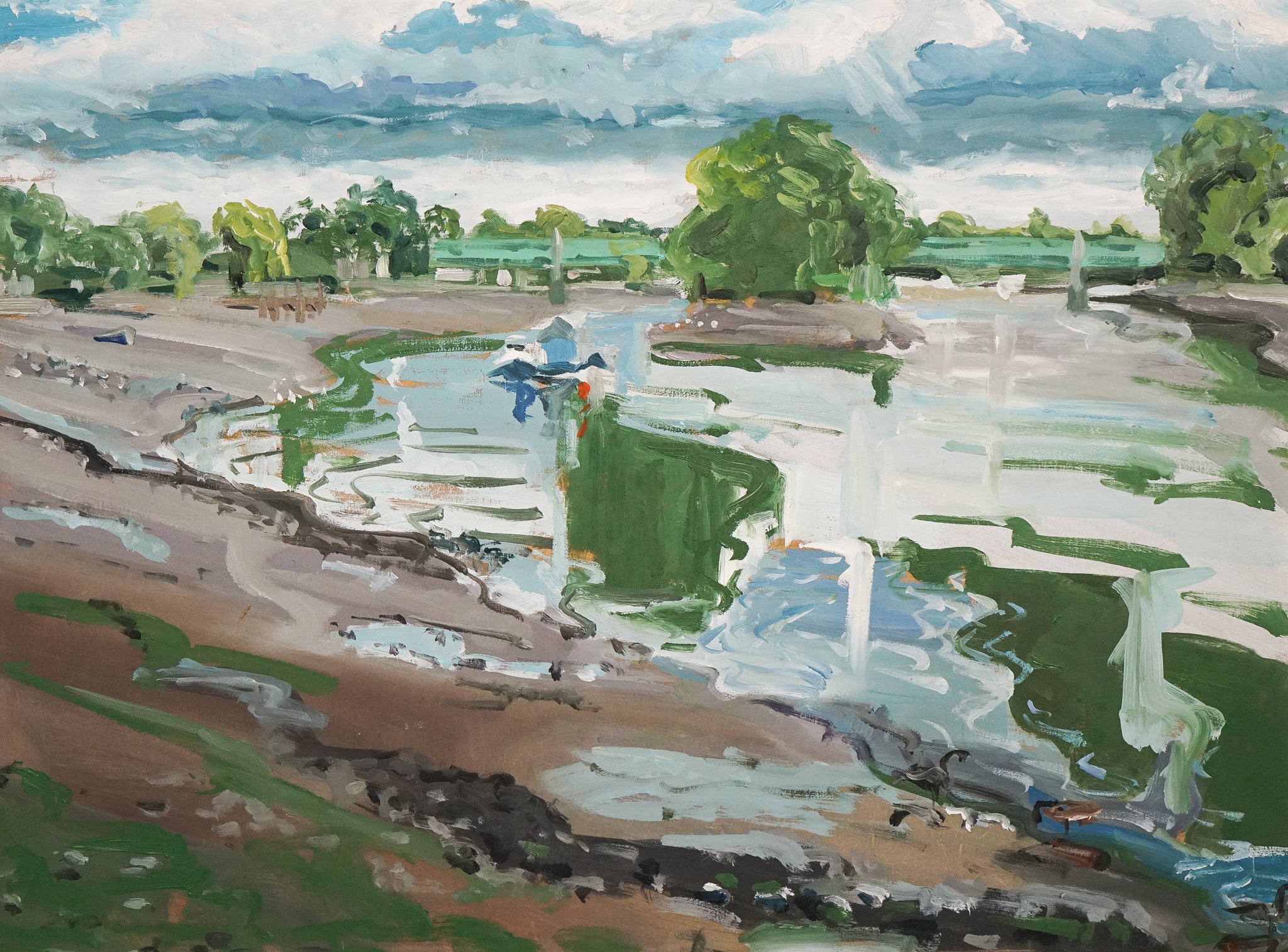 A painting of a landscape with a river running through it.