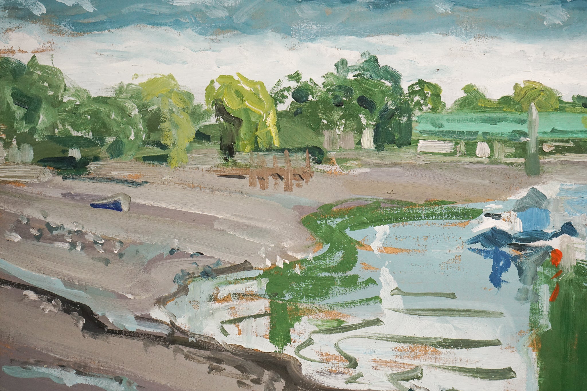 A painting of a landscape with a river running through it.